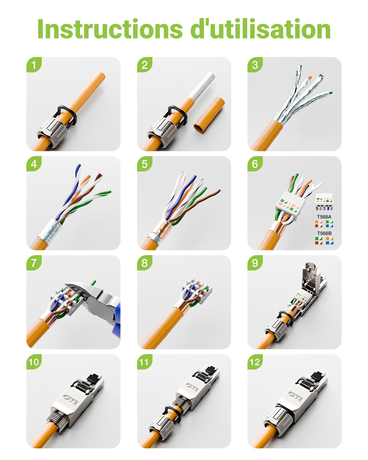 Thumbnail 6 de LEENUE Lot de 2 connecteurs RJ45 sans outil Cat8 (40 Gbit/s, 2000 MHz) pour câbles blindés et PoE
