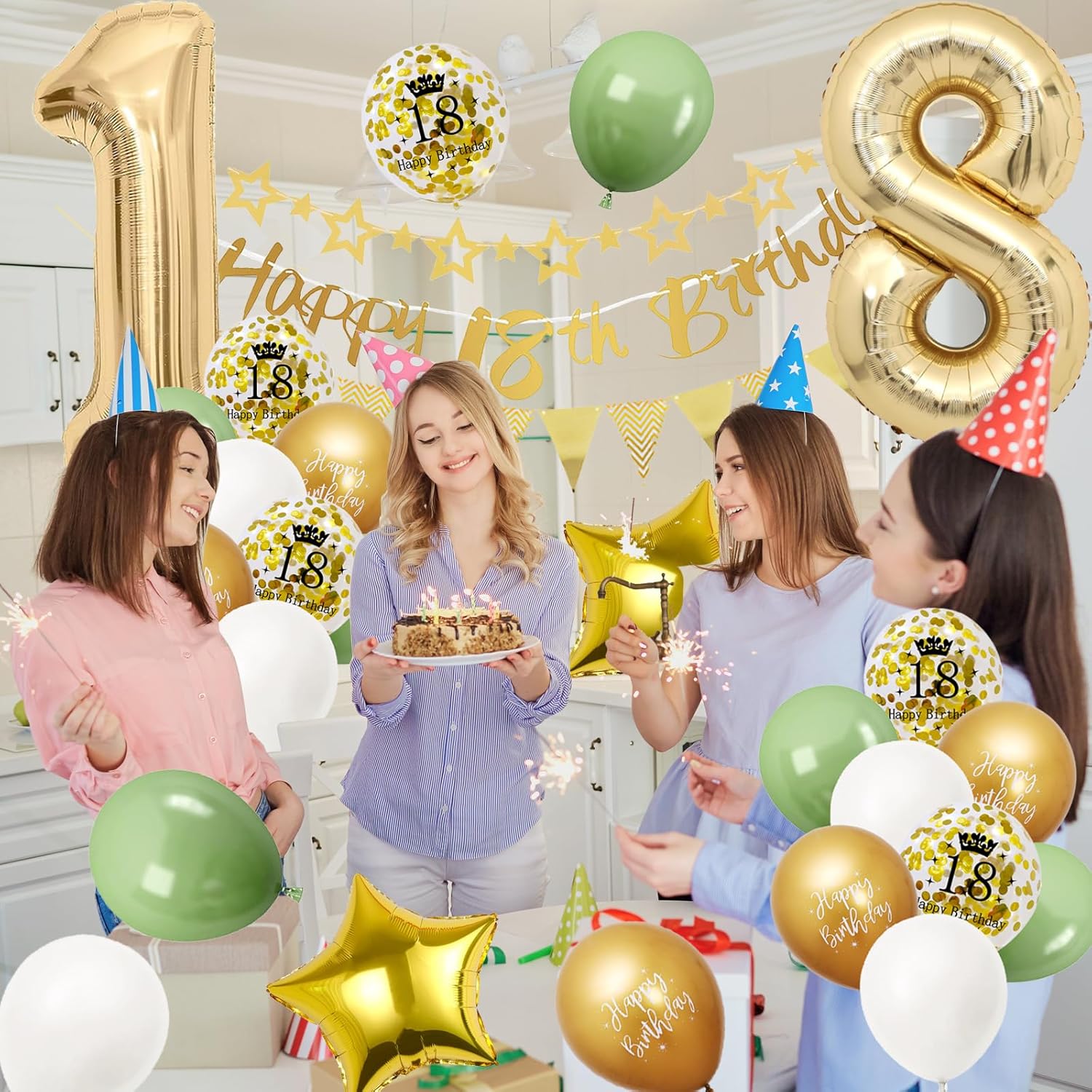 Thumbnail 2 de 18. Geburtstag Deko Set in Salbeigrün, Gold & Weiss – Ballons, Banner, Cake Topper und mehr