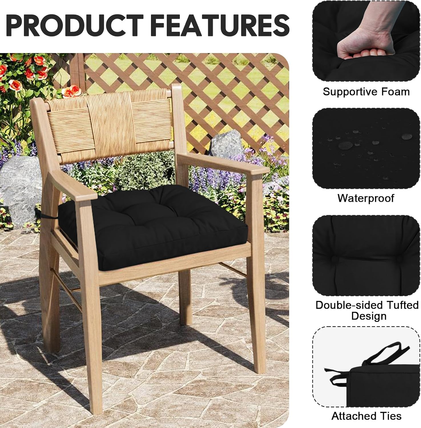 Thumbnail 3 de PRIMEPATIO Outdoor Garden Chair Cushions Set of 2 – 40 x 40 cm, 8 cm Thick, Waterproof with Ties (Black)