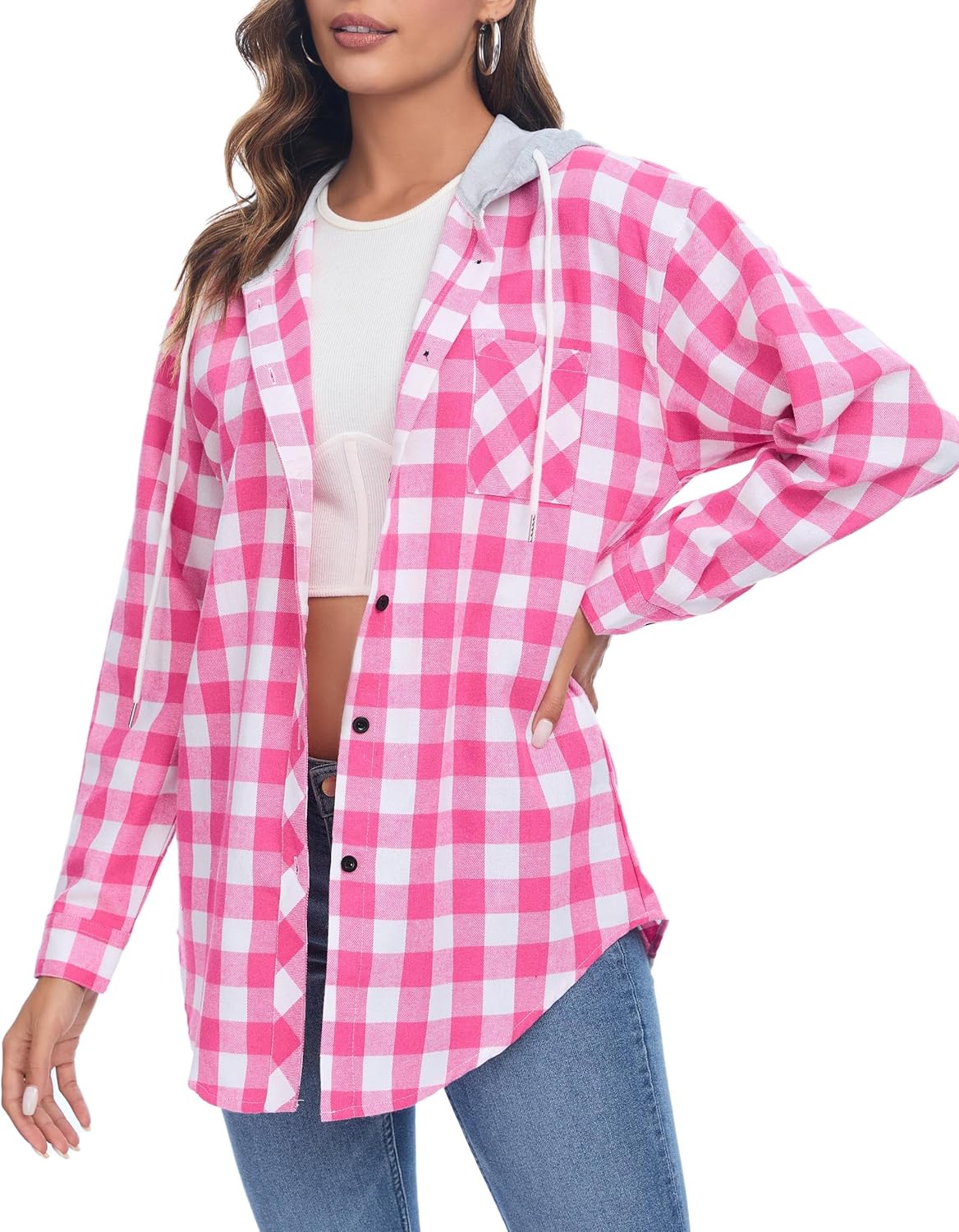 Thumbnail 2 de Damen Oversize Flanellhemd Hoodie von Jhsnjnr mit Karo-Muster und Knopfleiste
