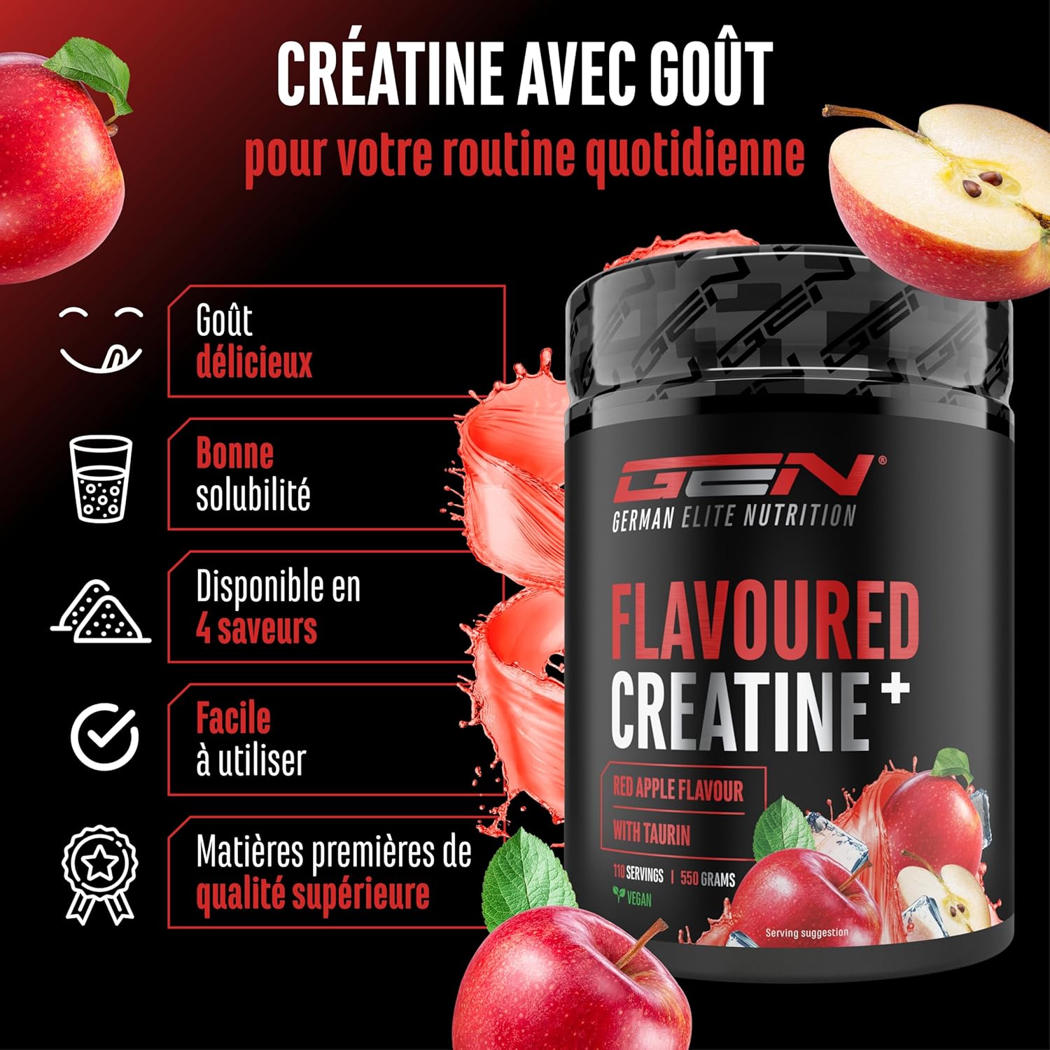 Thumbnail 2 de Flavoured Creatine poudre 550 g – créatine mono hydratée aromatisée avec Taurine, vegan, sans sucre et soluble