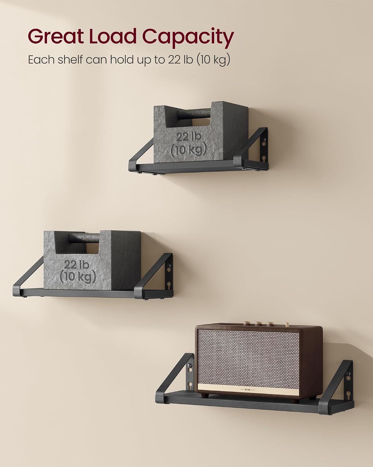 Detalle de VASAGLE LWS033B10 Floating Wall Shelves, Set of 3, 30/35/40 cm, Ink Black