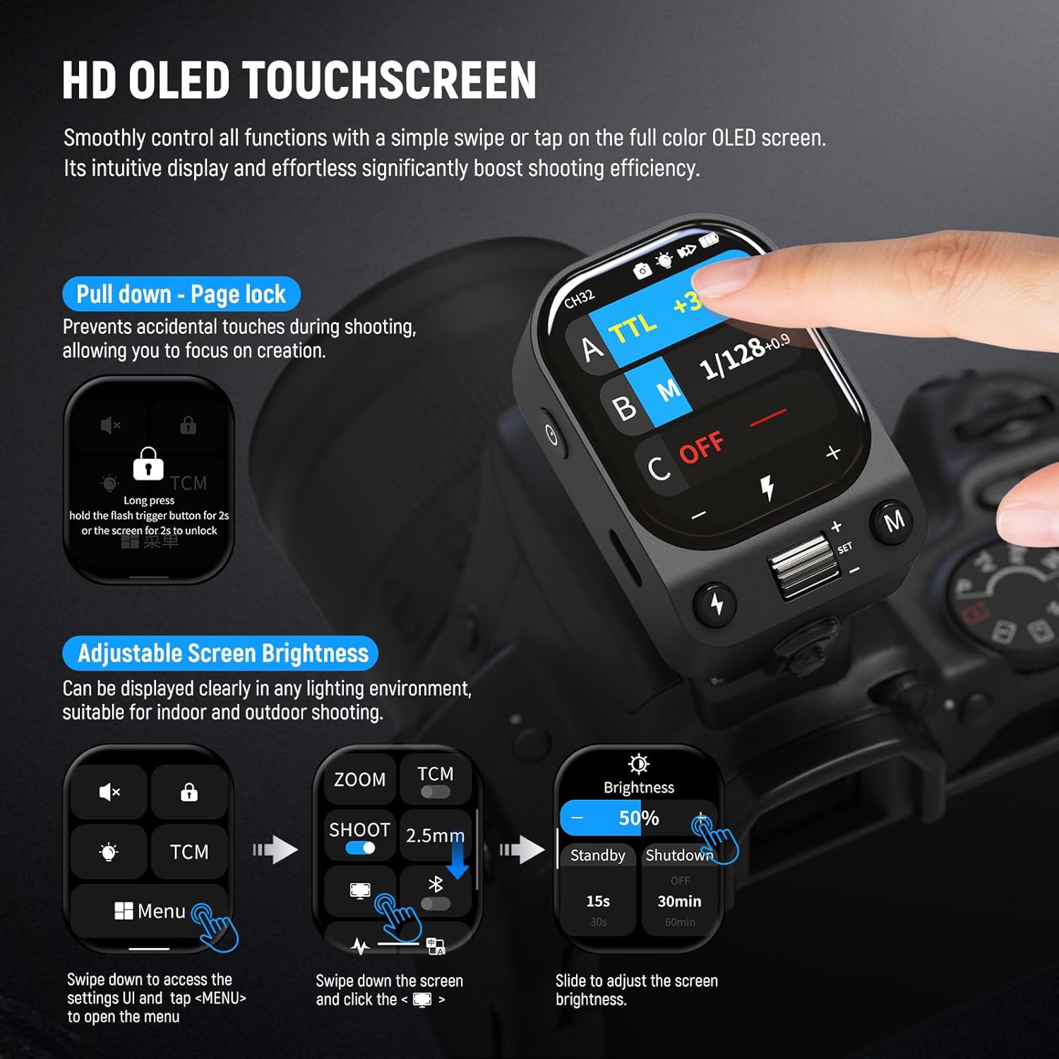 Detalle 2 de NEEWER QZ-C TTL Wireless Flash Trigger Transmitter for Canon cameras with OLED touchscreen and 1/8000s HSS