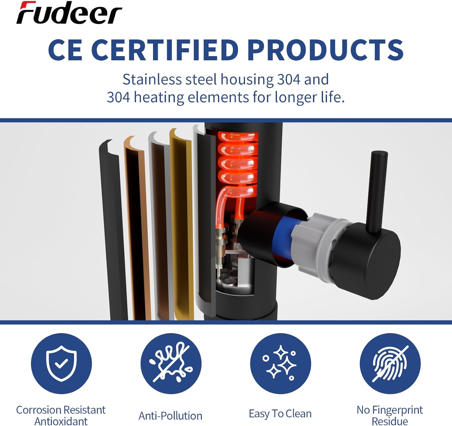 Thumbnail 4 de Fudeer Wasserhahn mit Durchlauferhitzer (230V, 3,3 kW) und Digitaldisplay – 30–45 °C, drehbarer Auslauf, 304 Edelstahl