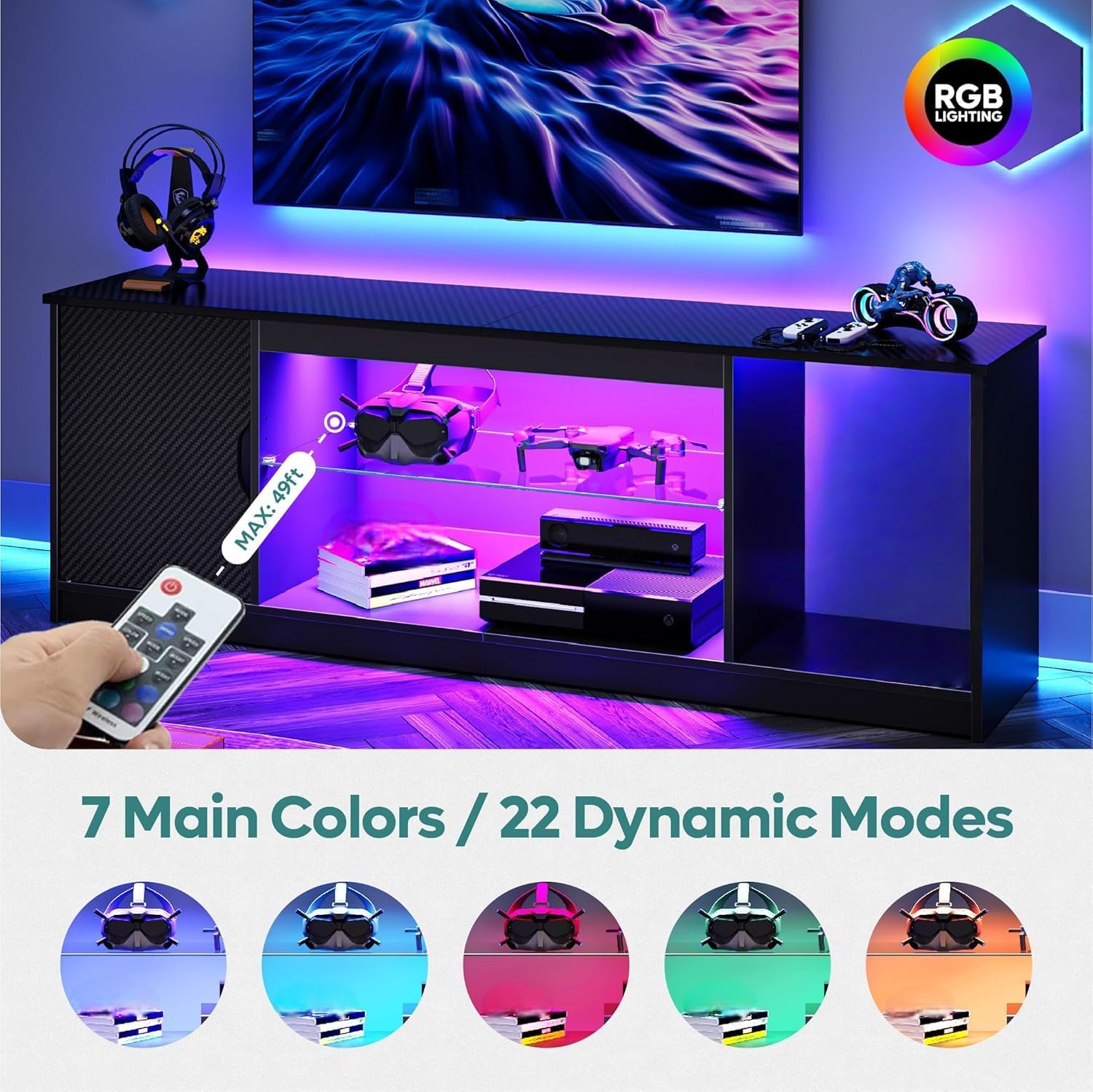 Detalle 2 de Bestier mobile TV con luci LED RGB e ripiani in vetro regolabili per TV fino a 65 pollici
