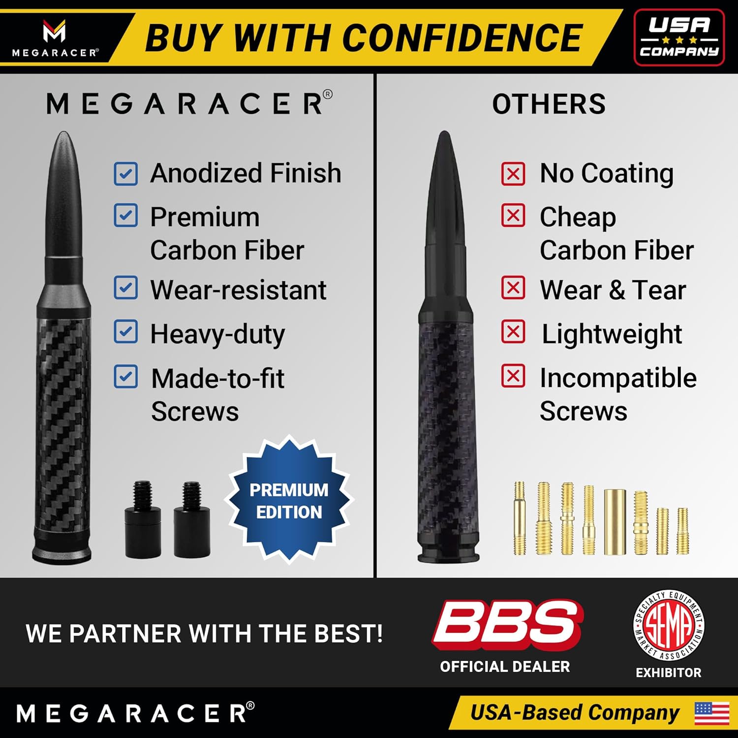 Thumbnail 5 de Anodized Black Carbon Fiber 50 Cal Bullet Antenna for Chevy Silverado & GMC Sierra (1999-2026) – Billet Aluminum Short Replacement