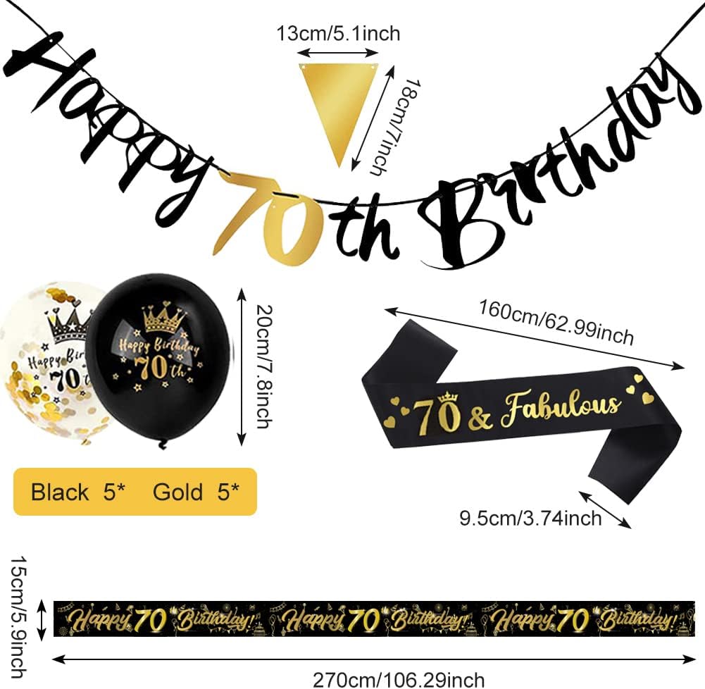 Detalle 2 de 14-Piece 70th Happy Birthday Decorations Kit with 9ft Banner, Triangle Flags, Confetti Balloons
