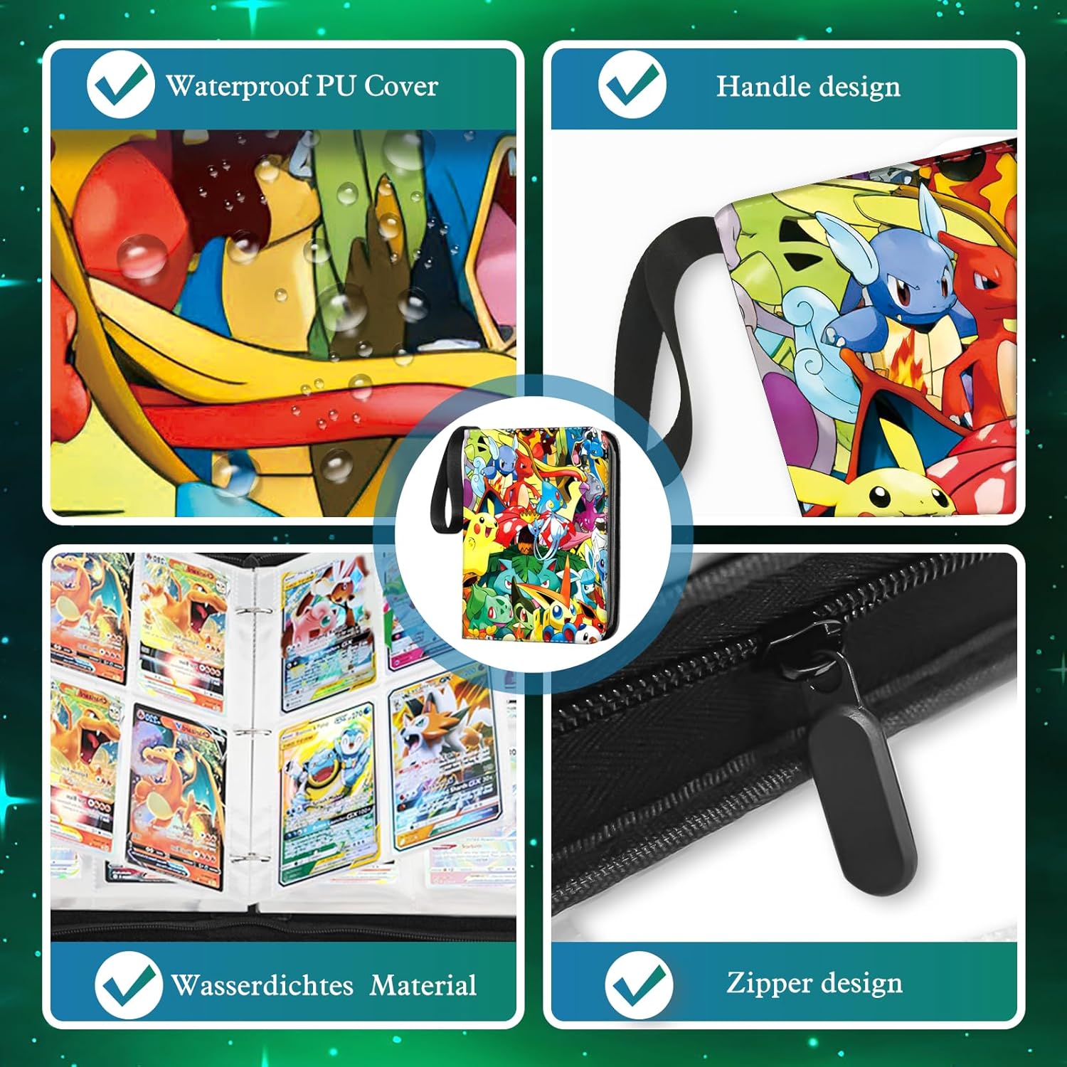 Thumbnail 2 de Sammelkarten Album mit 4-Taschen Seiten für 400 Karten – PU-Leder, wasserdicht, Reißverschluss, inkl. 50 Hüllen