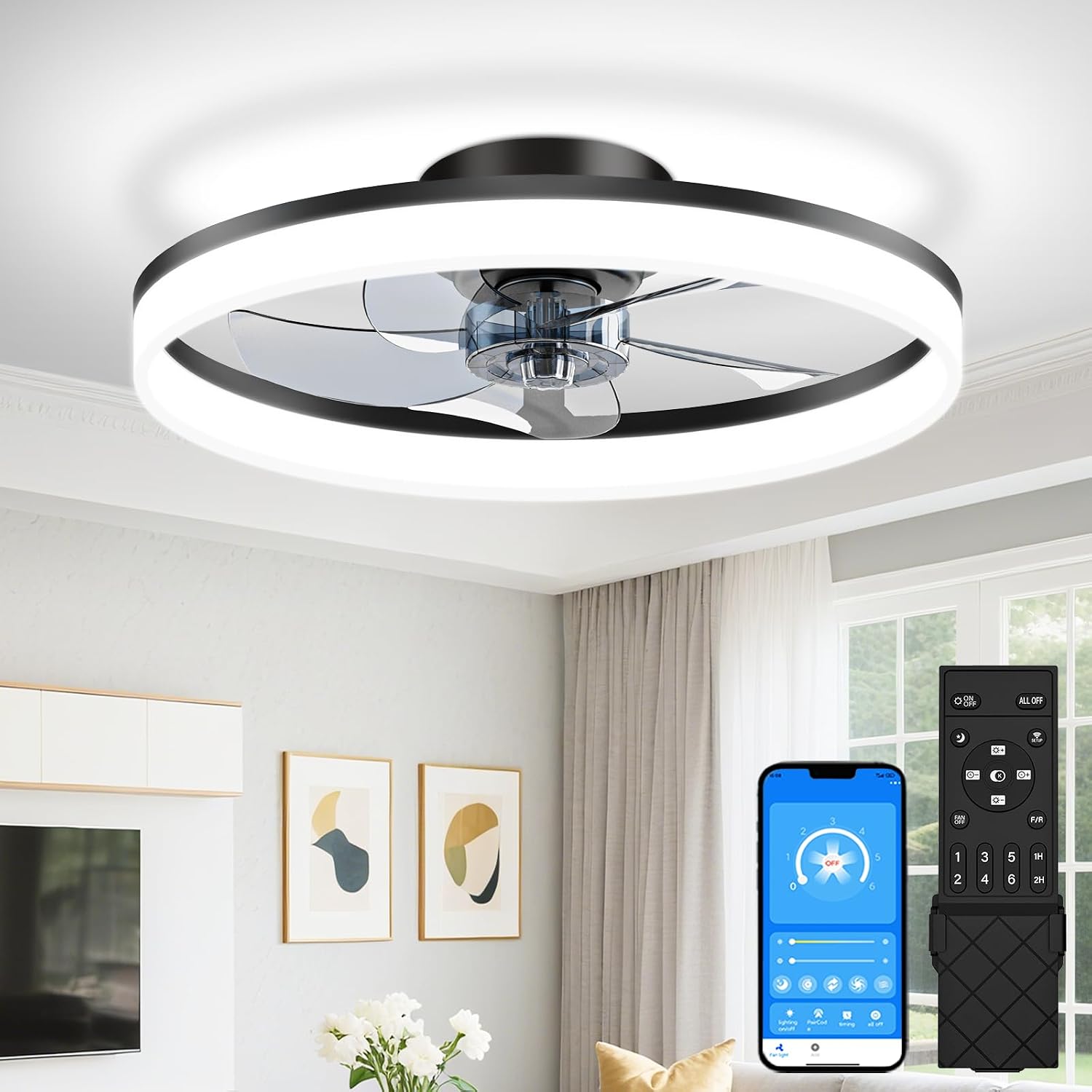 Detalle de VOLISUN 8225C-3K 20-Inch Ceiling Fan with Dimmable LED Light and Remote