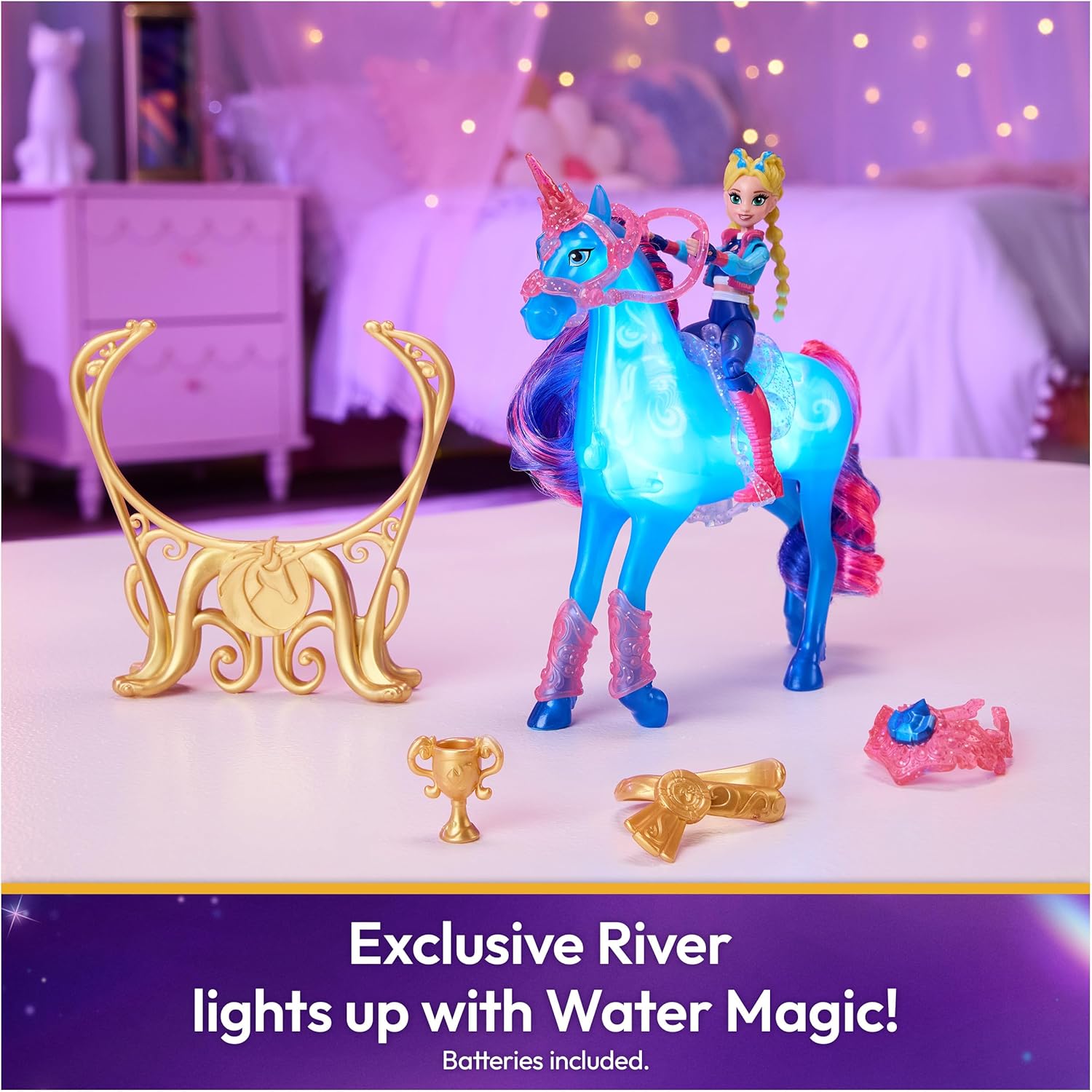 Detalle de Unicorn Academy: Unicorno Train & Glow River con Isabel — Set Dressage Luminoso per bambine 4+