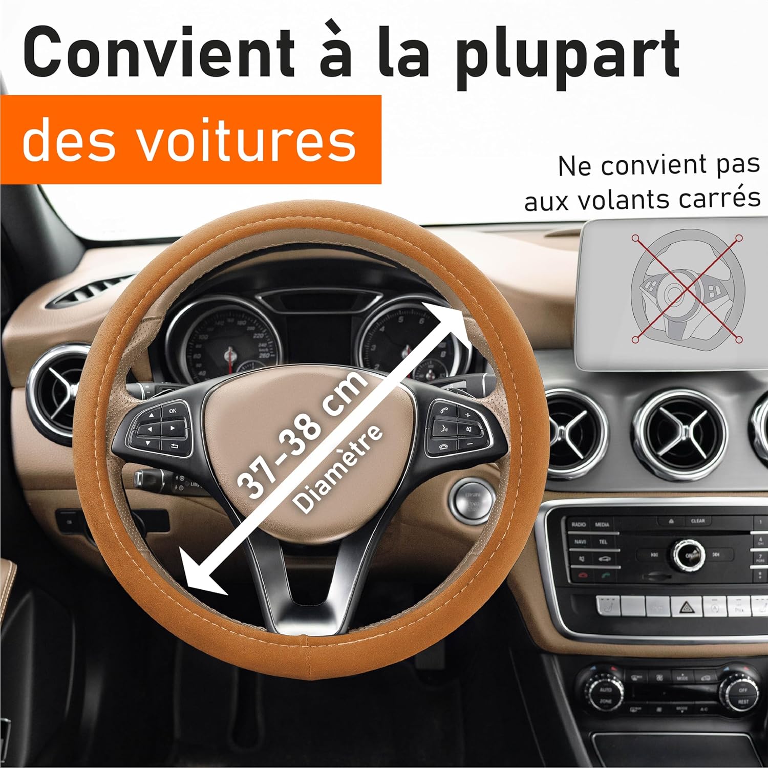 Detalle de Upgrade4cars Couvre volant voiture brun – taille universelle 37 à 39 cm
