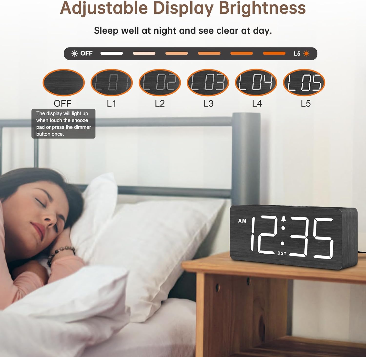 Detalle 2 de DreamSky Wooden Digital Alarm Clock with Large Numbers, Dimmer and Adjustable Alarm