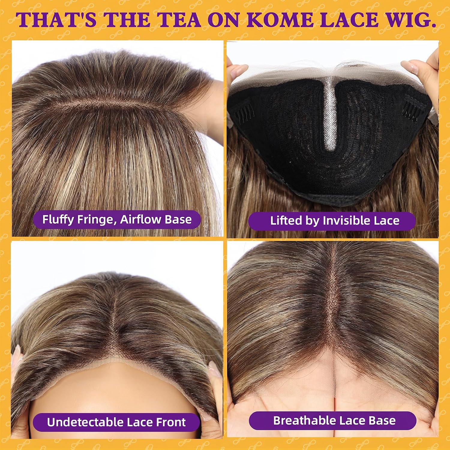 Detalle de KOME Ash Brown 28-Inch Synthetic Lace Front Wig with Body Waves and Bangs