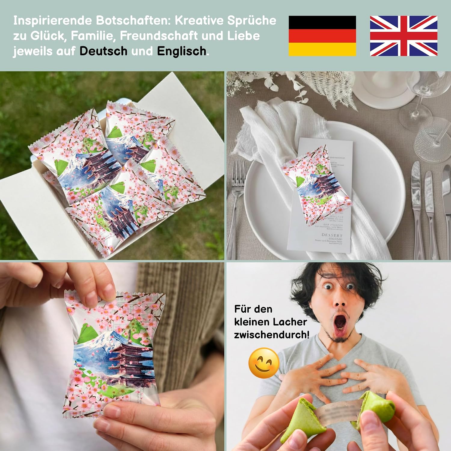 Detalle de Glückskekse Einzeln Verpackt – Matcha Fortune Cookies, 15 Stück (Deutsch & Englisch Sprüche)