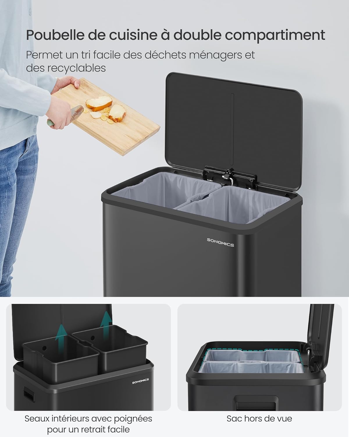 Detalle de SONGMICS LTB566B02 – Poubelle de cuisine double 2 x 30 L avec pédale, fermeture douce et seaux intérieurs
