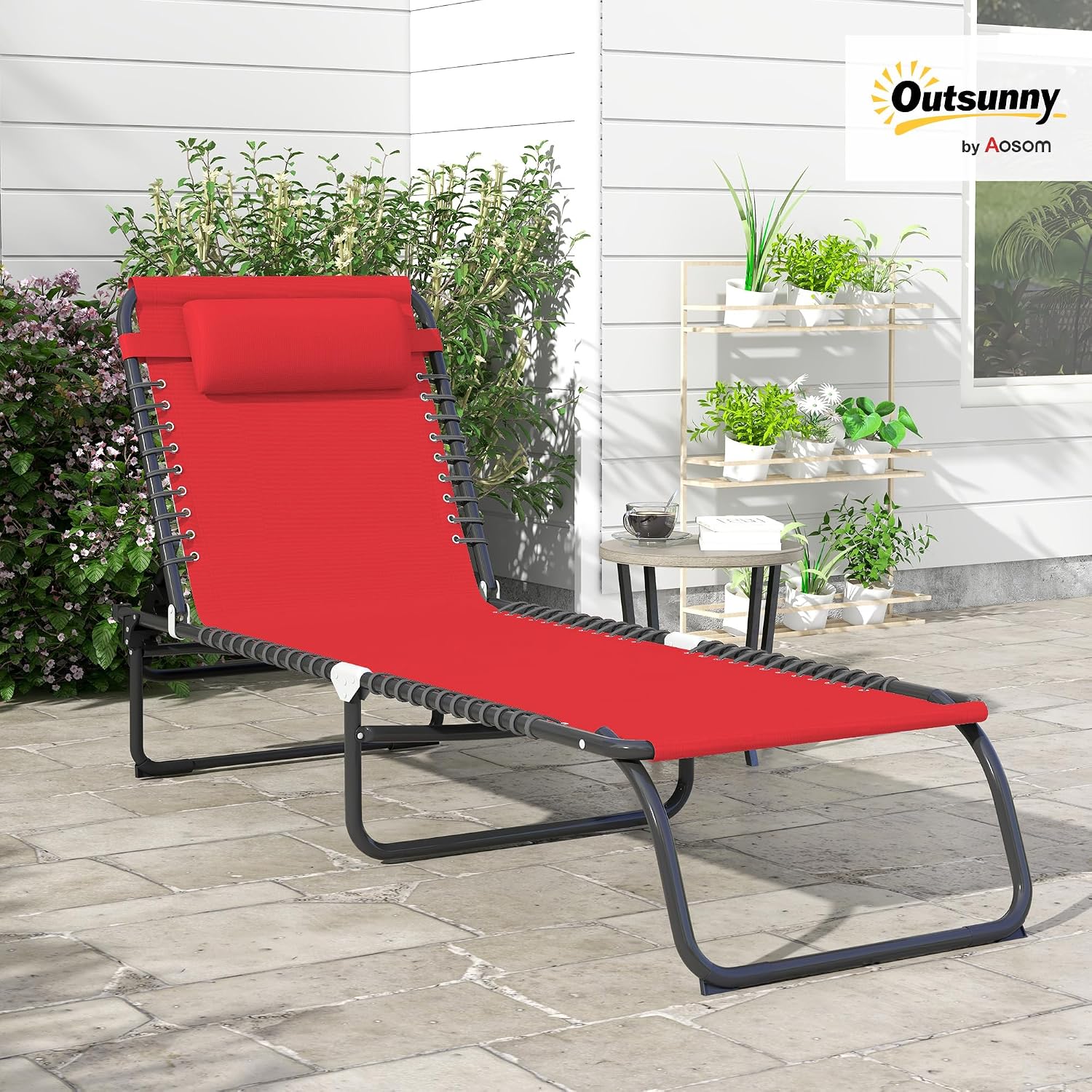 Thumbnail 1 de Outsunny Bain de soleil transat pliable à dossier multi-positions (noir/textilène rouge)