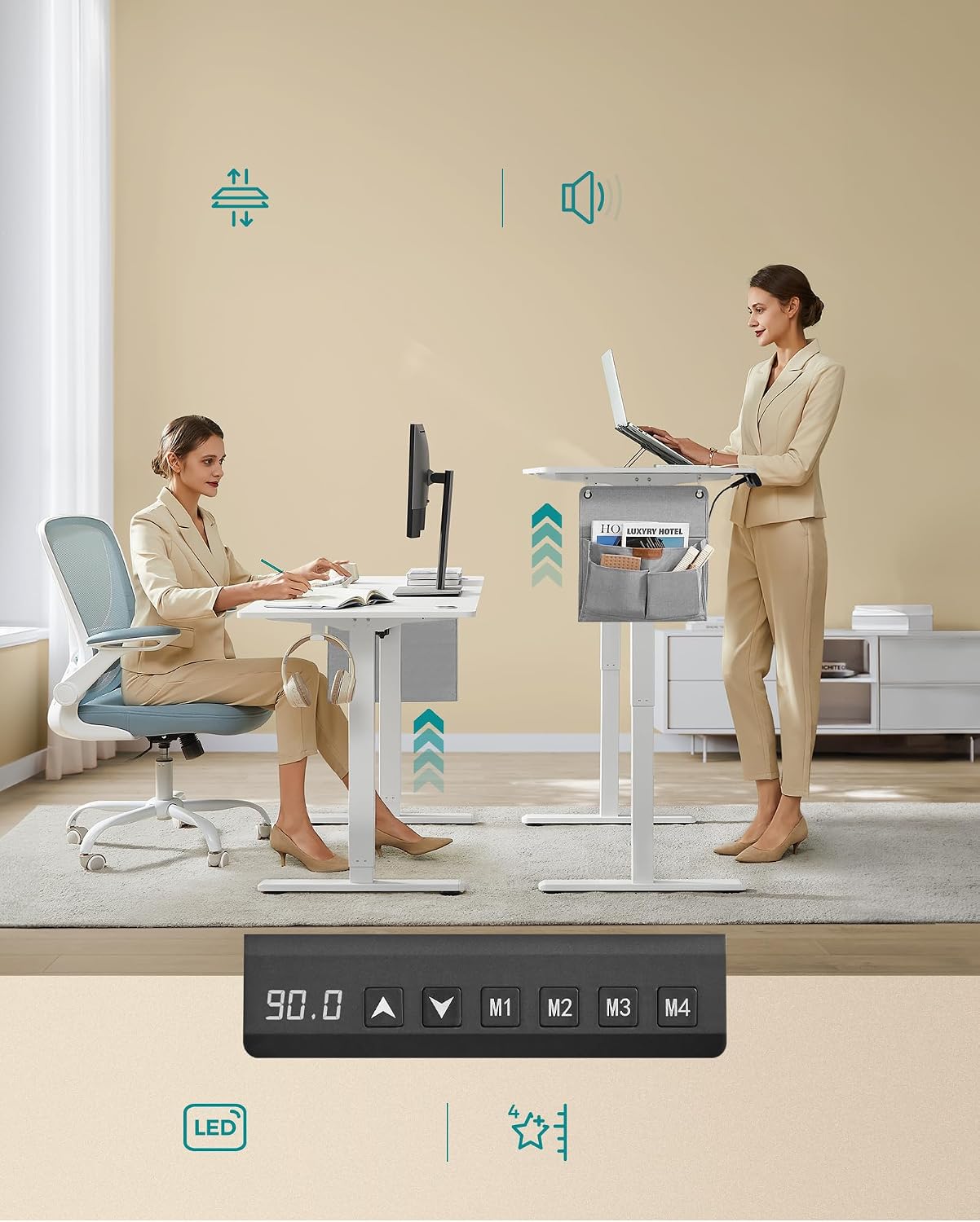 Detalle de SONGMICS BALOK LSD136W01 elektrisch zit-stabureau, 4 geheugenhoogtes, mat wit
