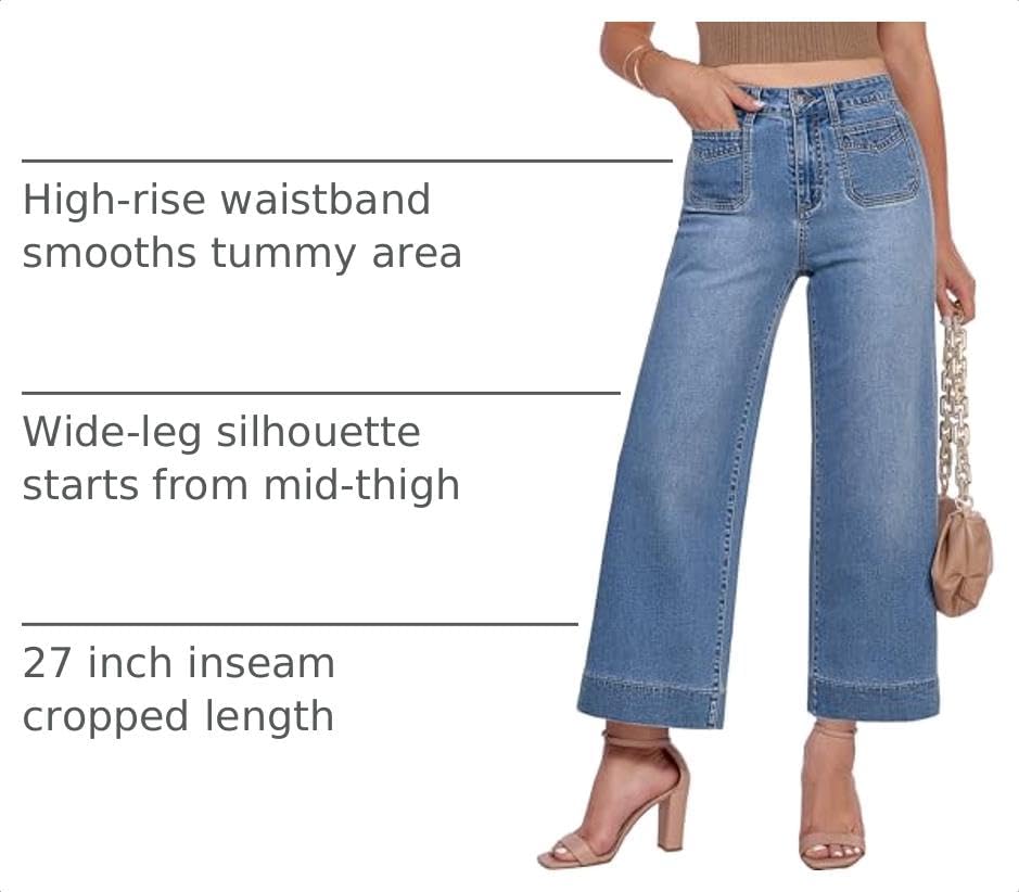 Detalle 2 de GRAPENT Women's High-Waisted Wide-Leg Cropped Stretch Jeans, 27-Inch Inseam