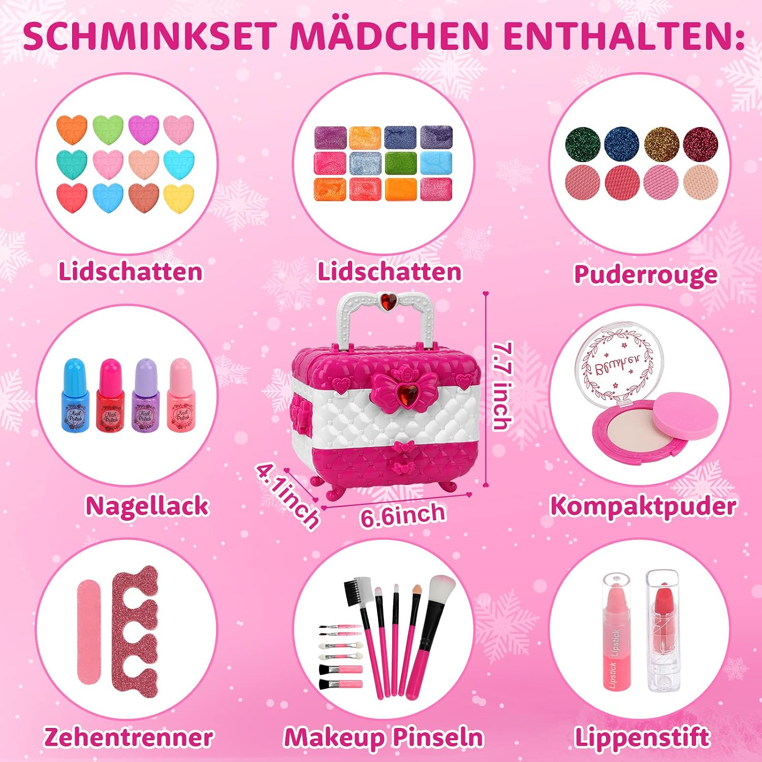 Detalle de Kinderschminke Makeup Set Schminkkoffer für Mädchen – waschbar, abwaschbar & mit 55 Zubehörteilen