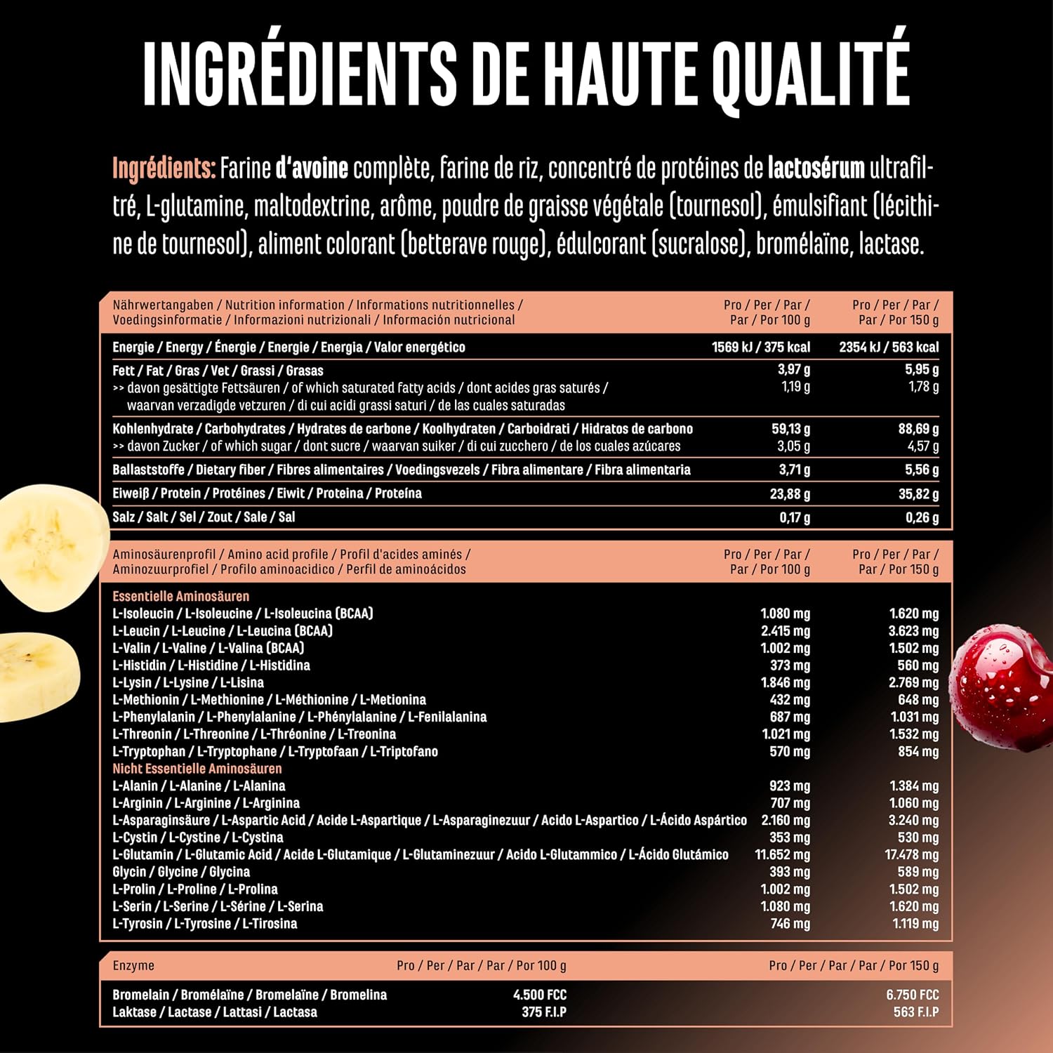 Detalle de GEN German Elite Nutrition Clean Weight Gainer – 3 kg, cherrry & banana, prise de masse (végétarien)