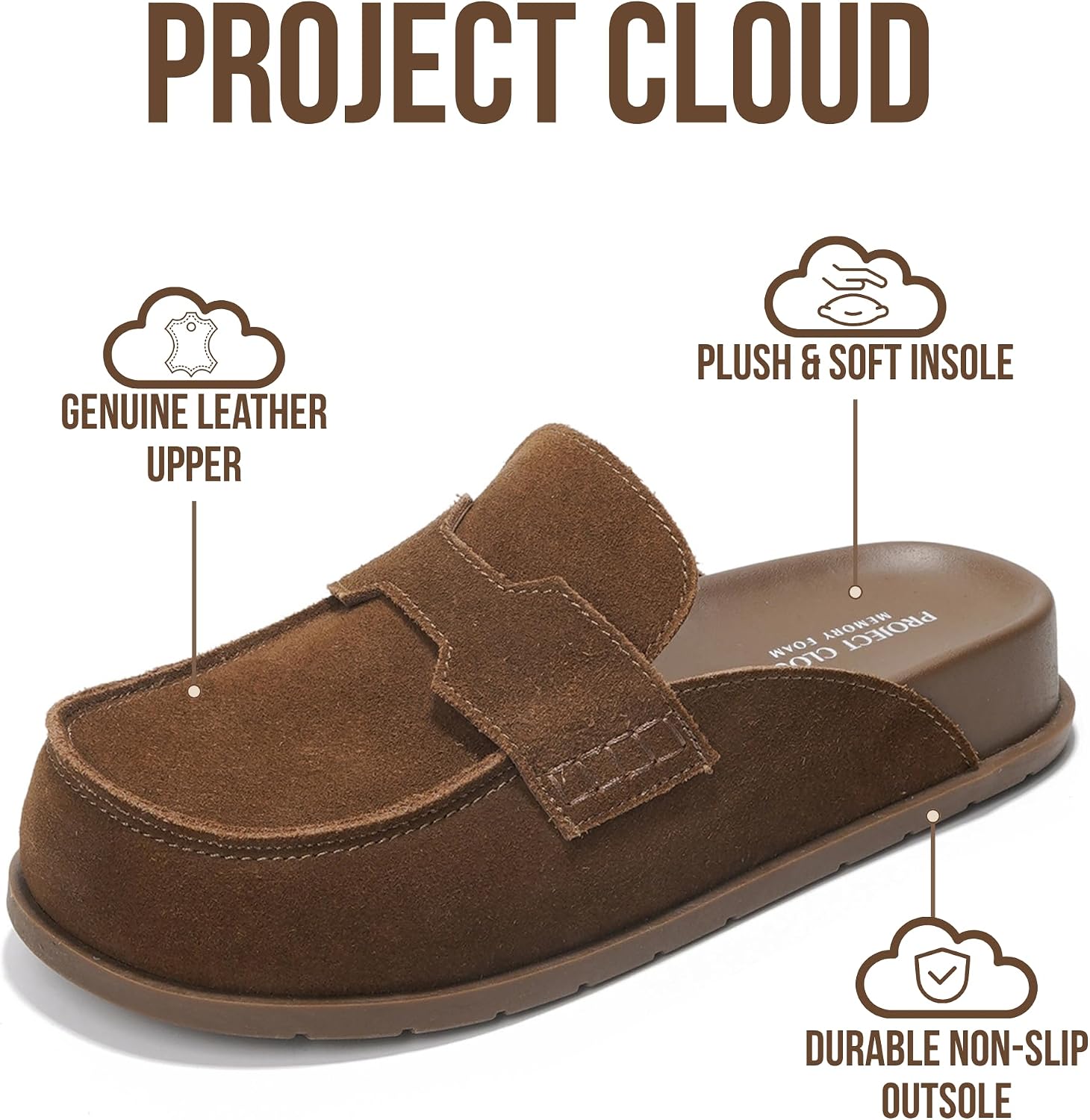 Detalle 2 de Project Cloud 100% Genuine Leather Women’s Clogs with Plush Insole, Arch Support & Non-Slip Sole