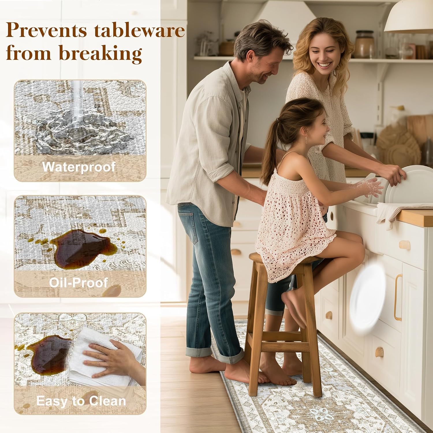 Detalle de Boho Kitchen Mats for Floor 2 Piece Set - Anti Fatigue Cushioned PVC Rugs with Non-Slip Waterproof Backing (Beige Tan, 23.6" x 39" + 23.6" x 59")