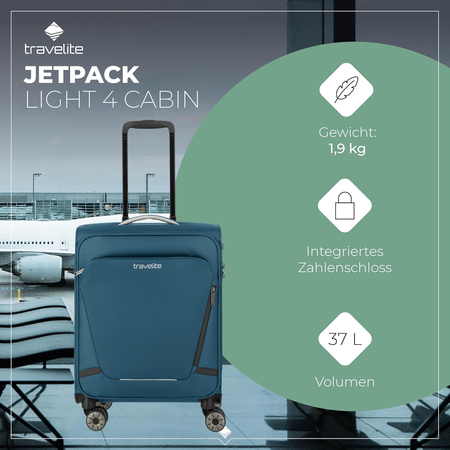 Detalle 2 de travelite Jetpack Handgepäckkoffer 55×40×20 cm (1,9 kg) mit 4 Rollen, Zahlenschloss & aufsteckbarem Trolley