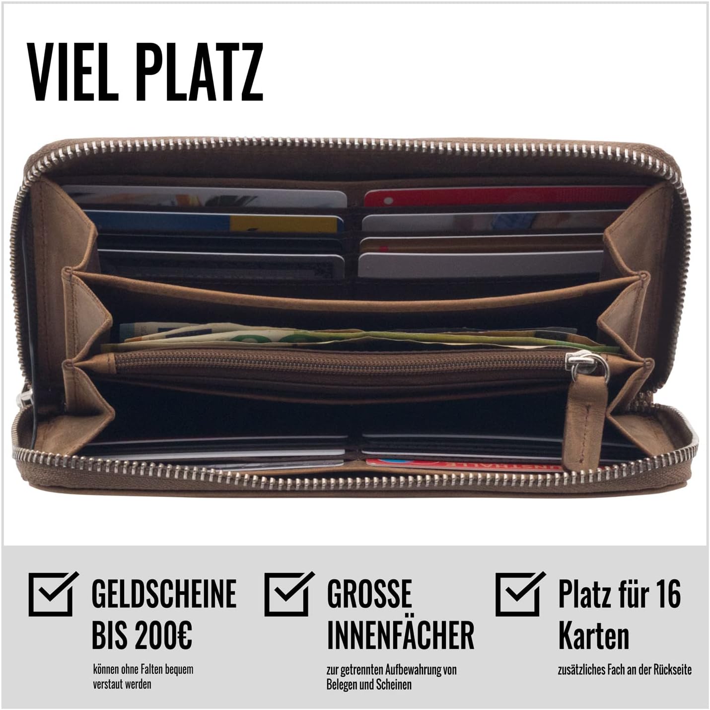 Detalle 2 de KORUTA Geldbörse Damen Leder mit RFID-Schutz – Großes Portemonnaie aus Echtleder, Braun (Querformat)