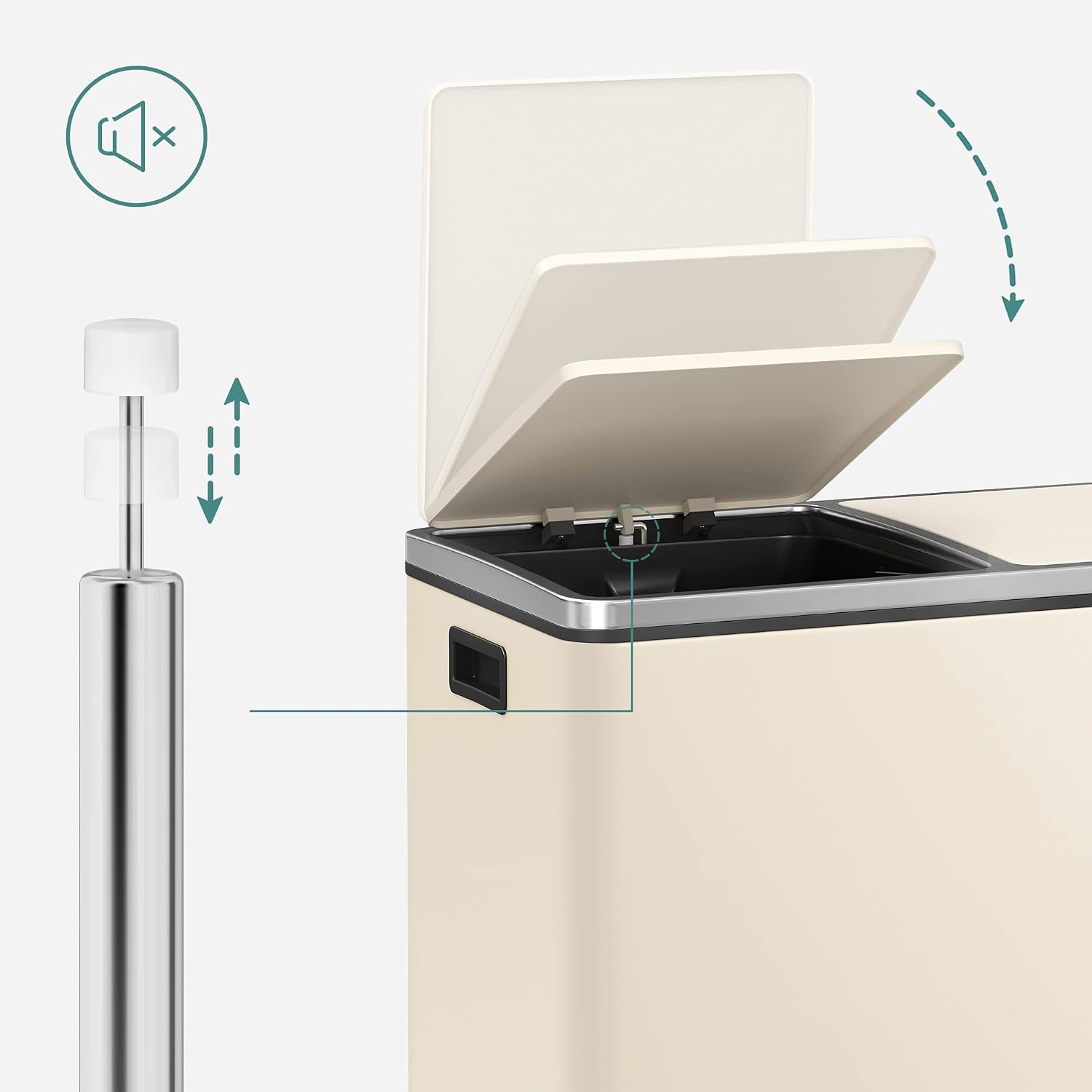 Detalle 2 de SONGMICS Mülleimer 2x30 L – 2 Fächer, Mülltrennsystem, Treteimer mit Softclose und 15 Müllsäcken (Mandelfarben, LTB060A01)