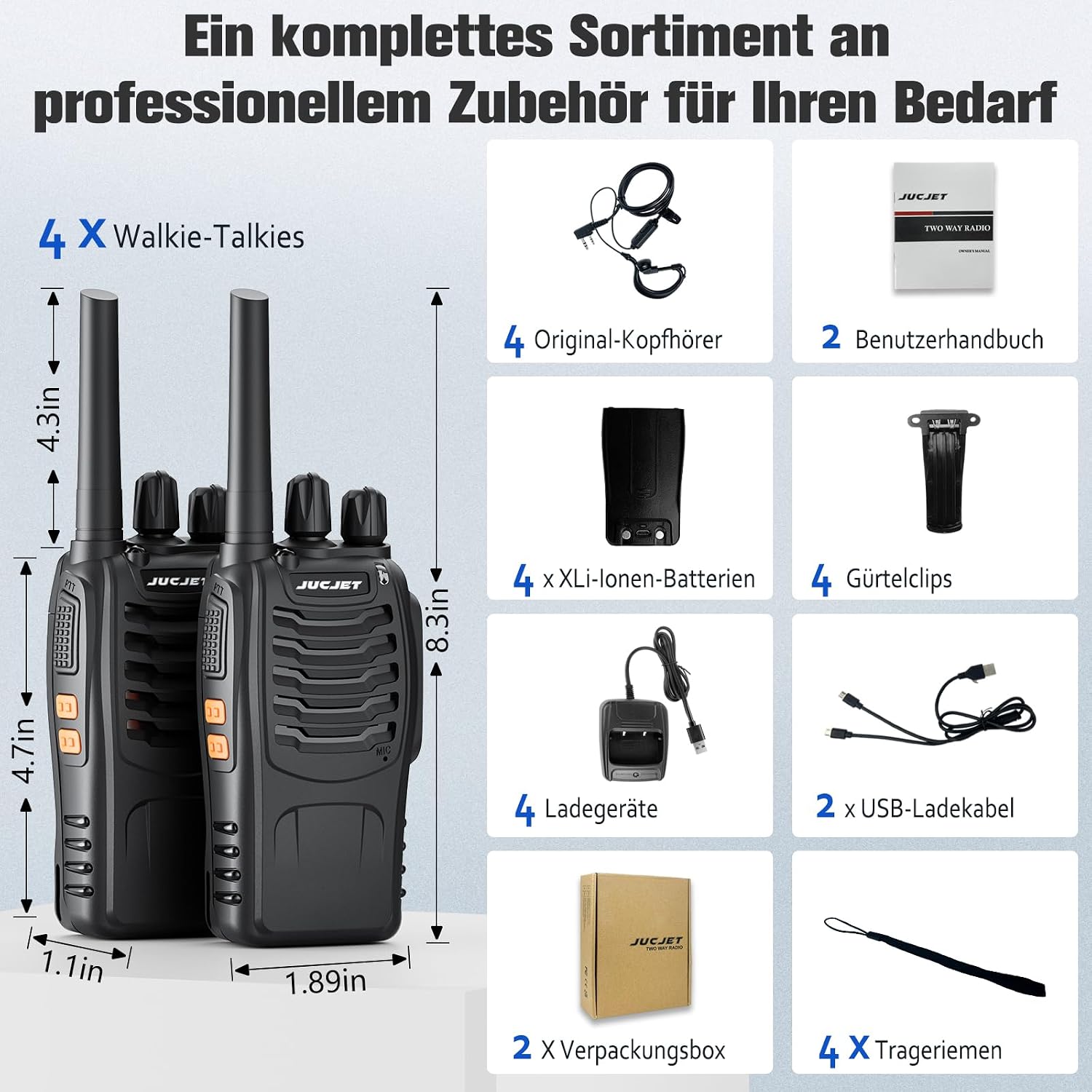 Detalle de JUCJET Walkie Talkies 2023 Upgraded 88E (4 Pack) – Long Range 2-Way Radio with Earpieces