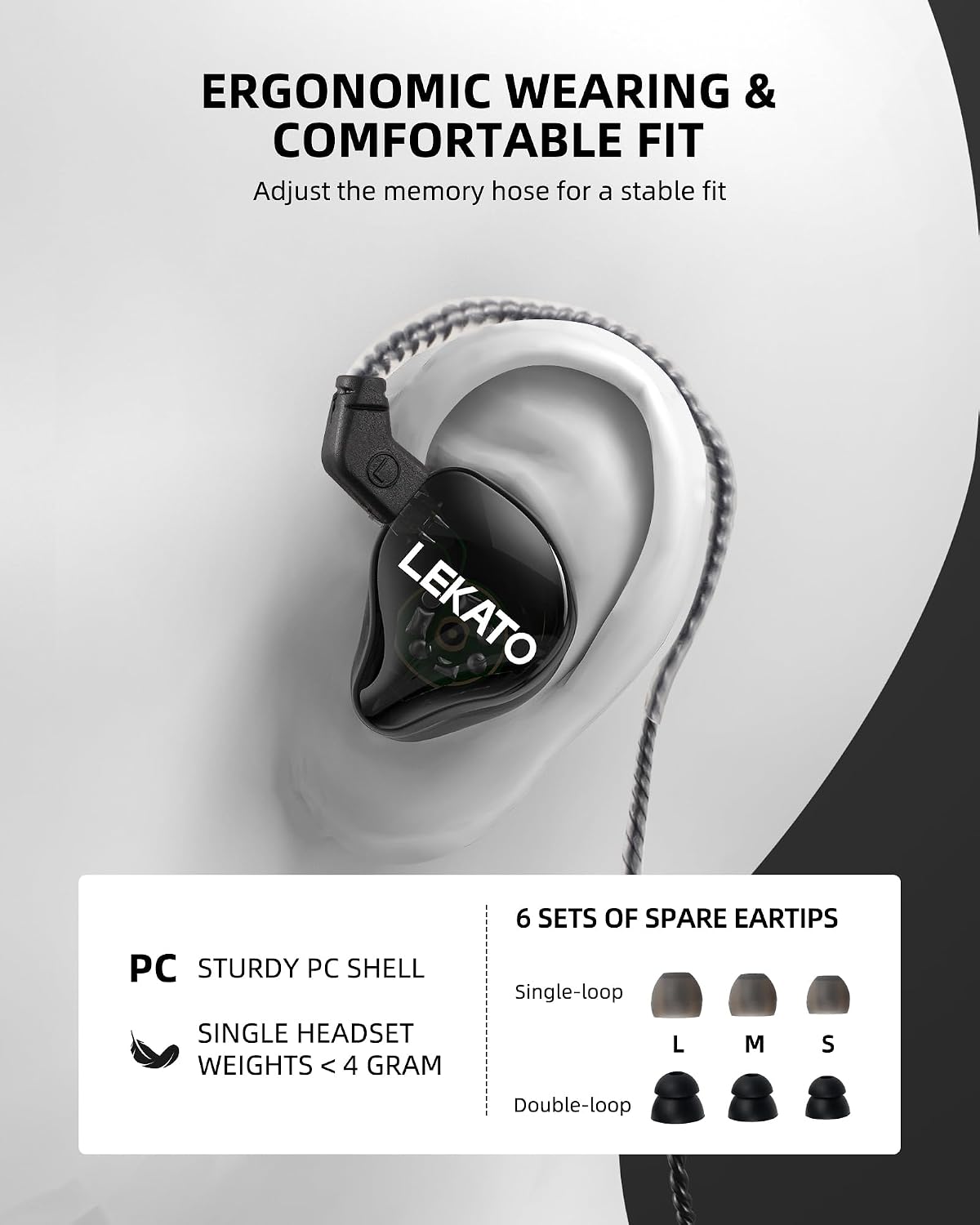 Detalle de LEKATO H5: In-Ear Monitors with Hybrid 1BA + 1DD, Detachable 2-Pin Cable