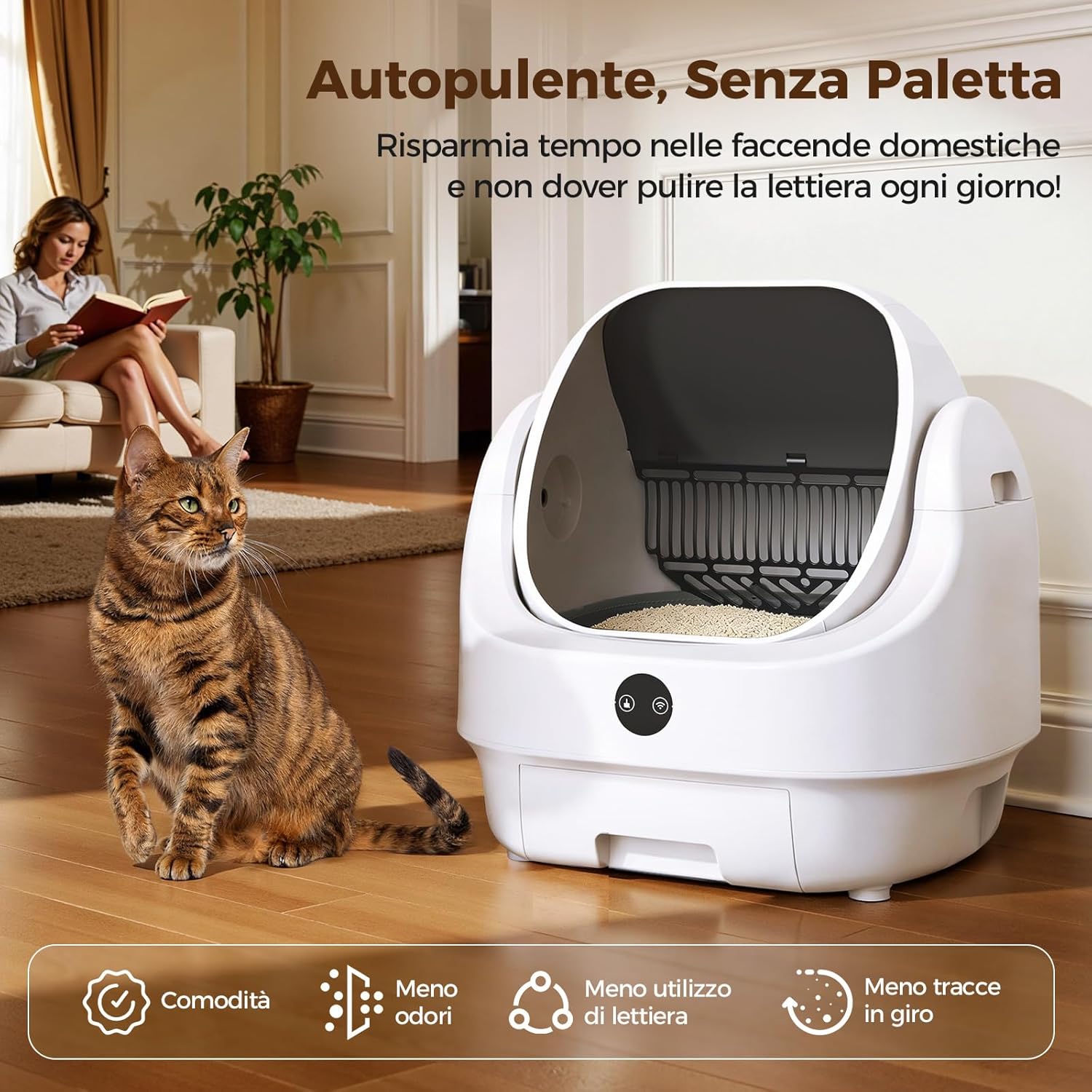 Detalle de Lettiera Gatto Autopulente Aperta Ellenpent: silenziosa, controllabile da app e con gestione degli odori