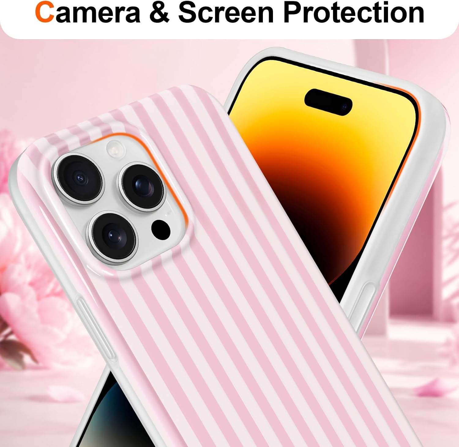 Detalle de Hython iPhone 13 Pro Max Case, Pink and White Striped TPU