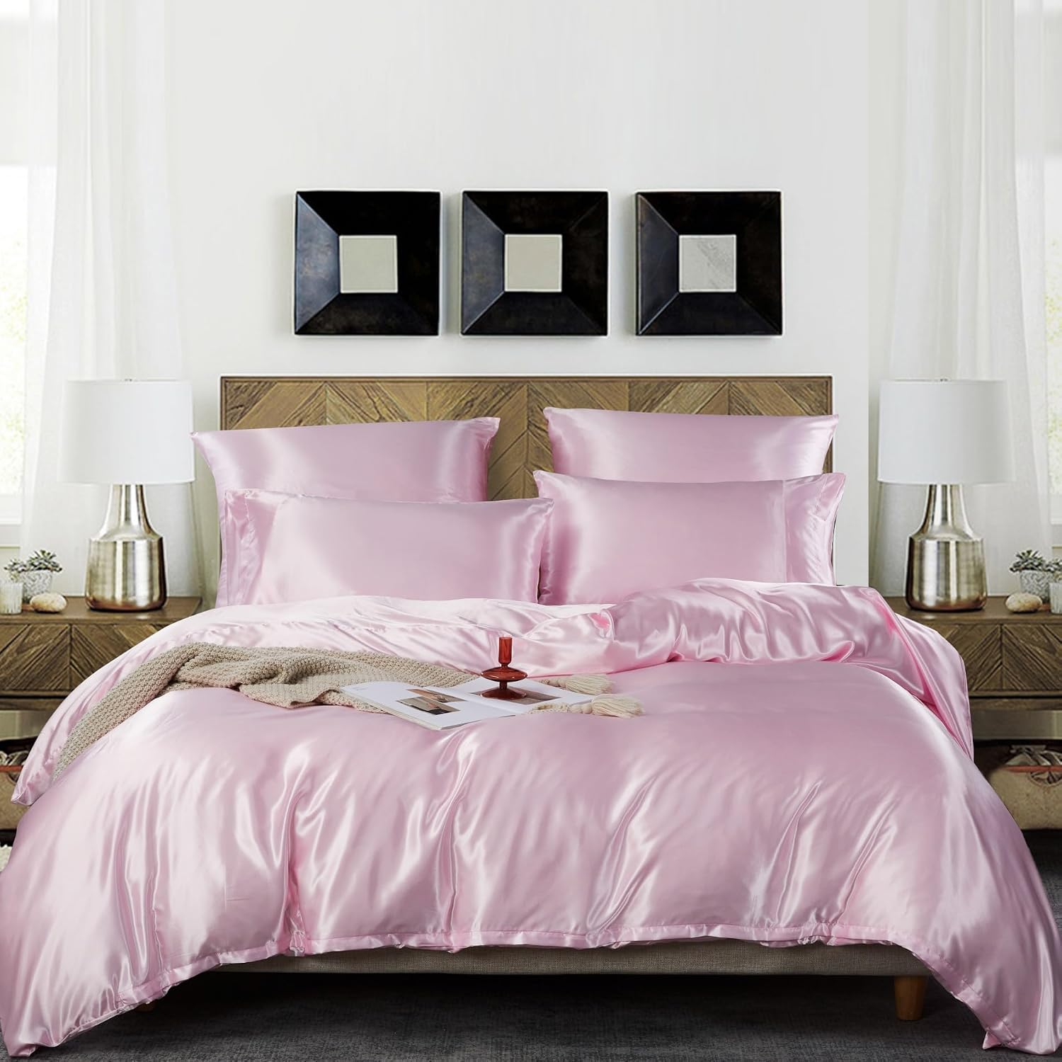 Thumbnail 2 de Housse de Couette Satin 200x200 Rose Uni – YASMENG, Deluxe, avec Taies 65x65 et Fermeture Éclair