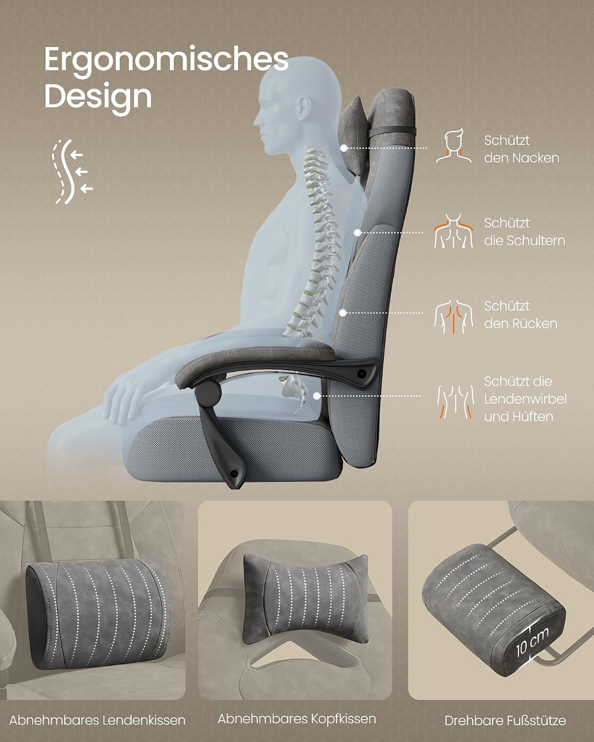 Detalle 2 de SONGMICS Gaming-Stuhl, Bürostuhl, Computerstuhl mit Fußstütze und ergonomischem Design (OBG077G01) – schiefergrau