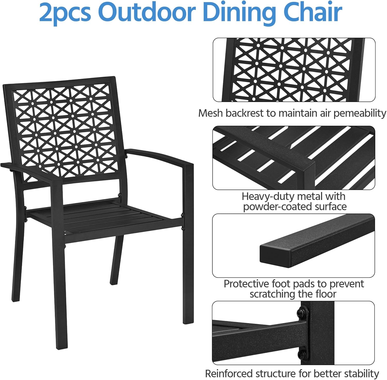 Thumbnail 4 de Yaheetech set di 2 sedie da pranzo da giardino impilabili in metallo con braccioli e schienale moderno (nero)