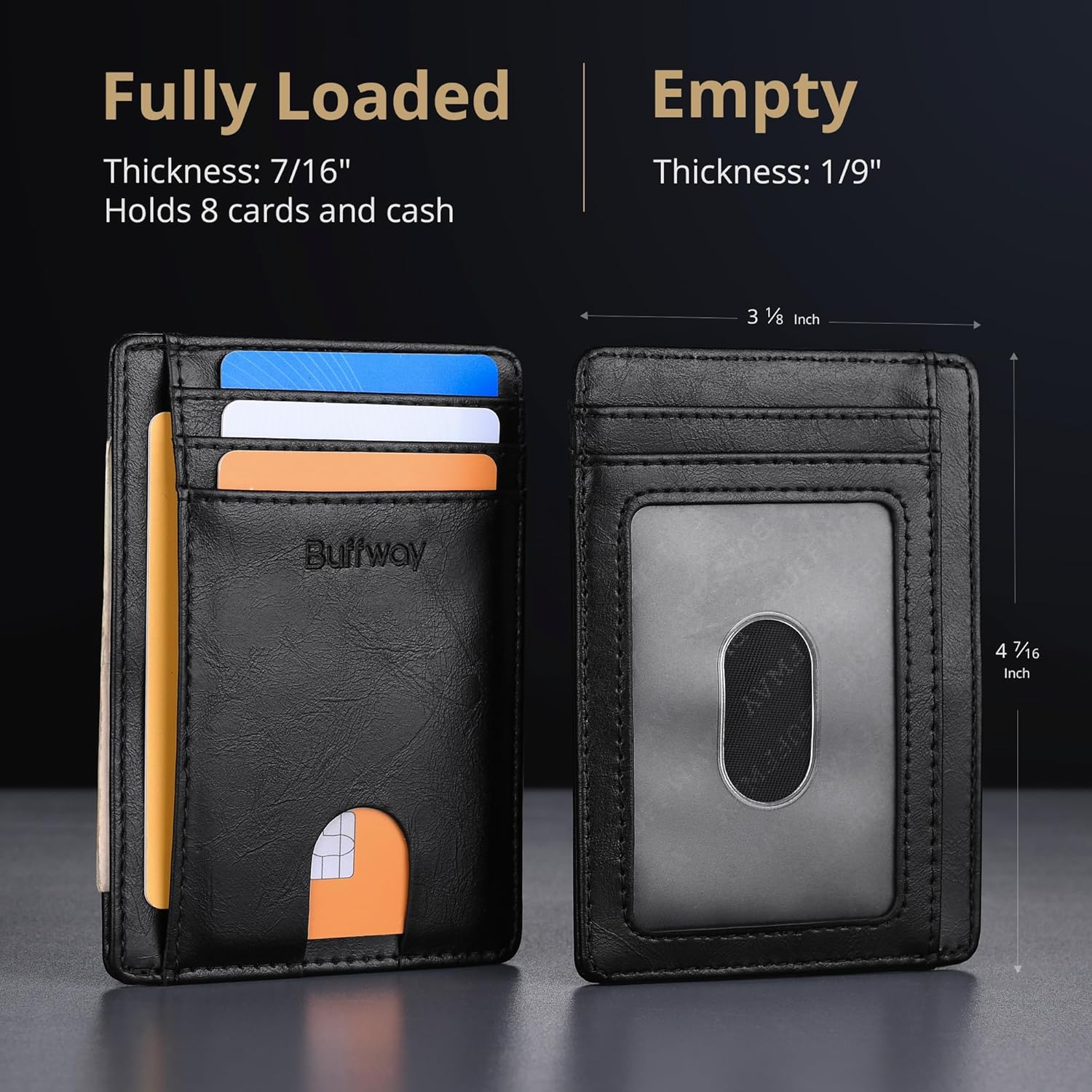 Thumbnail 4 de Buffway Slim Minimalist Front Pocket RFID Blocking Leather Wallets (Alaska Black)
