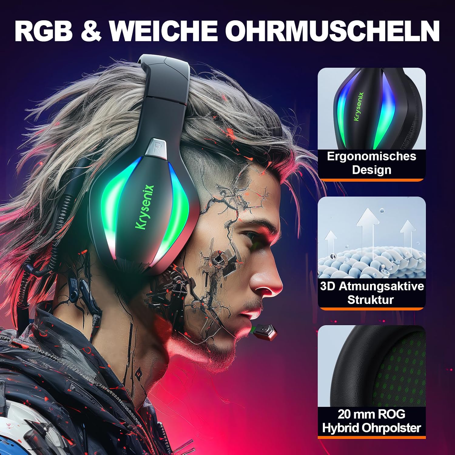 Detalle 2 de Krysenix PG1 Gaming Headset mit RGB und Noise‑Cancelling Mikrofon