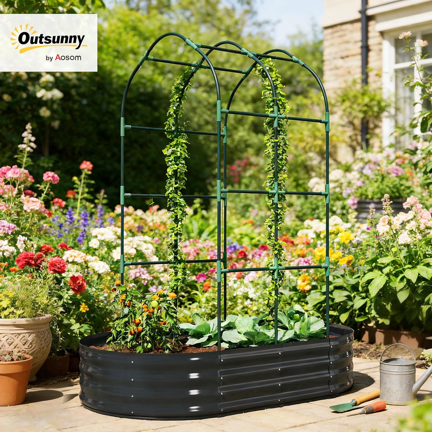 Thumbnail 1 de Outsunny Jardinière surélevée avec Treillis arqué – 425 L, cadre galvanisé, 160x90x180 cm, gris foncé