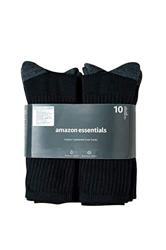 Detalle de Amazon Essentials Men's Cotton Crew Athletic Socks with Cushioned Sole (10 Pairs, Black, 6-12)