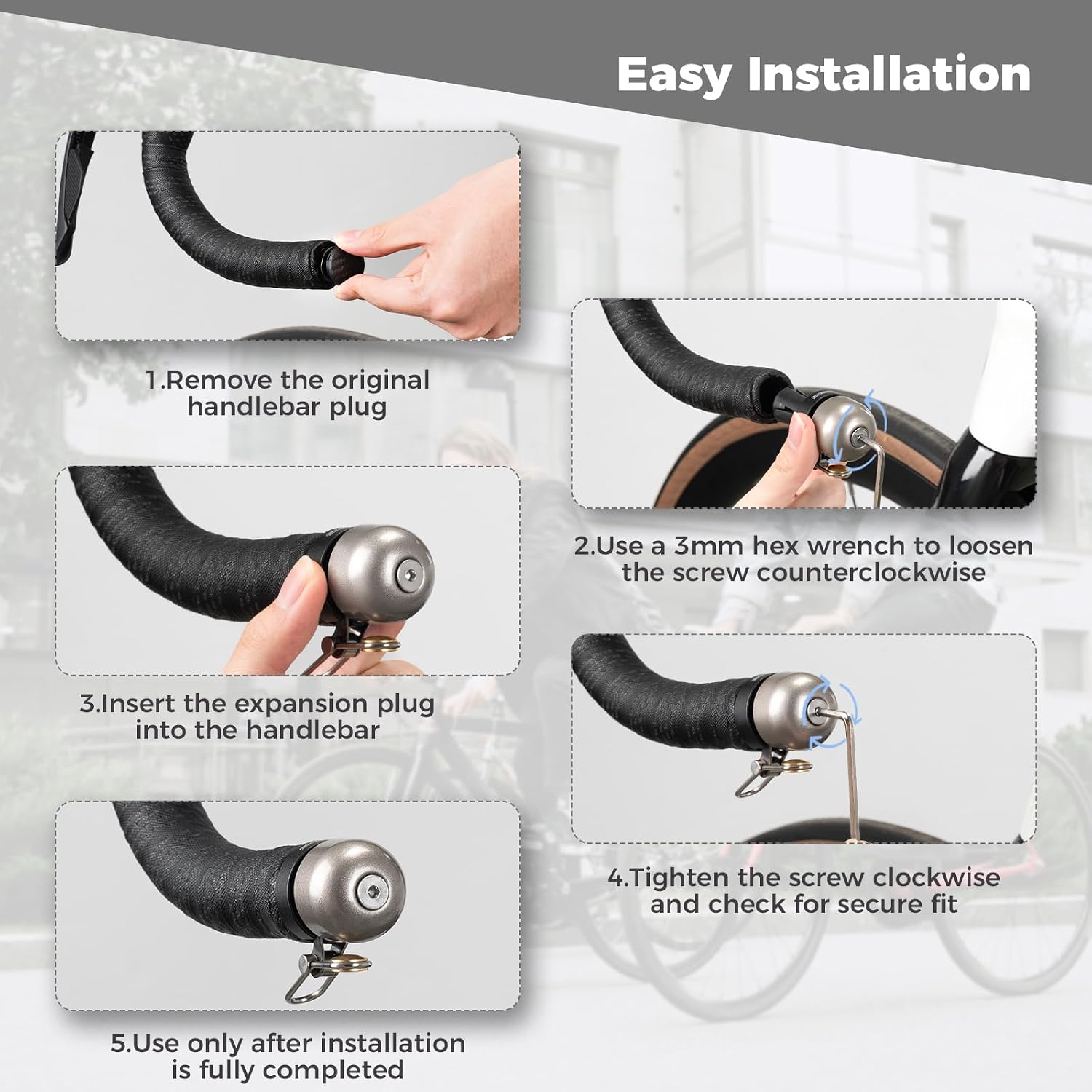 Thumbnail 6 de ROCKBROS campanello bici 2-in-1 mini con tappo manubrio, 80 dB e fissaggio per manubri 22,2 mm