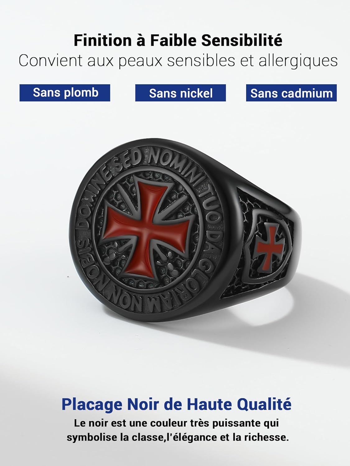 Thumbnail 2 de PROSTEEL Chevalière Templier pour homme en acier inoxydable 316L, croix templière noir/plaqué or – tailles 54 à 72