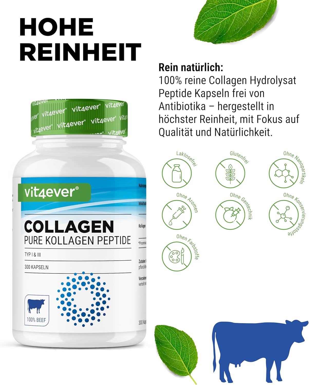 Detalle de vit4ever Collagen 300 Kapseln Hochdosiert