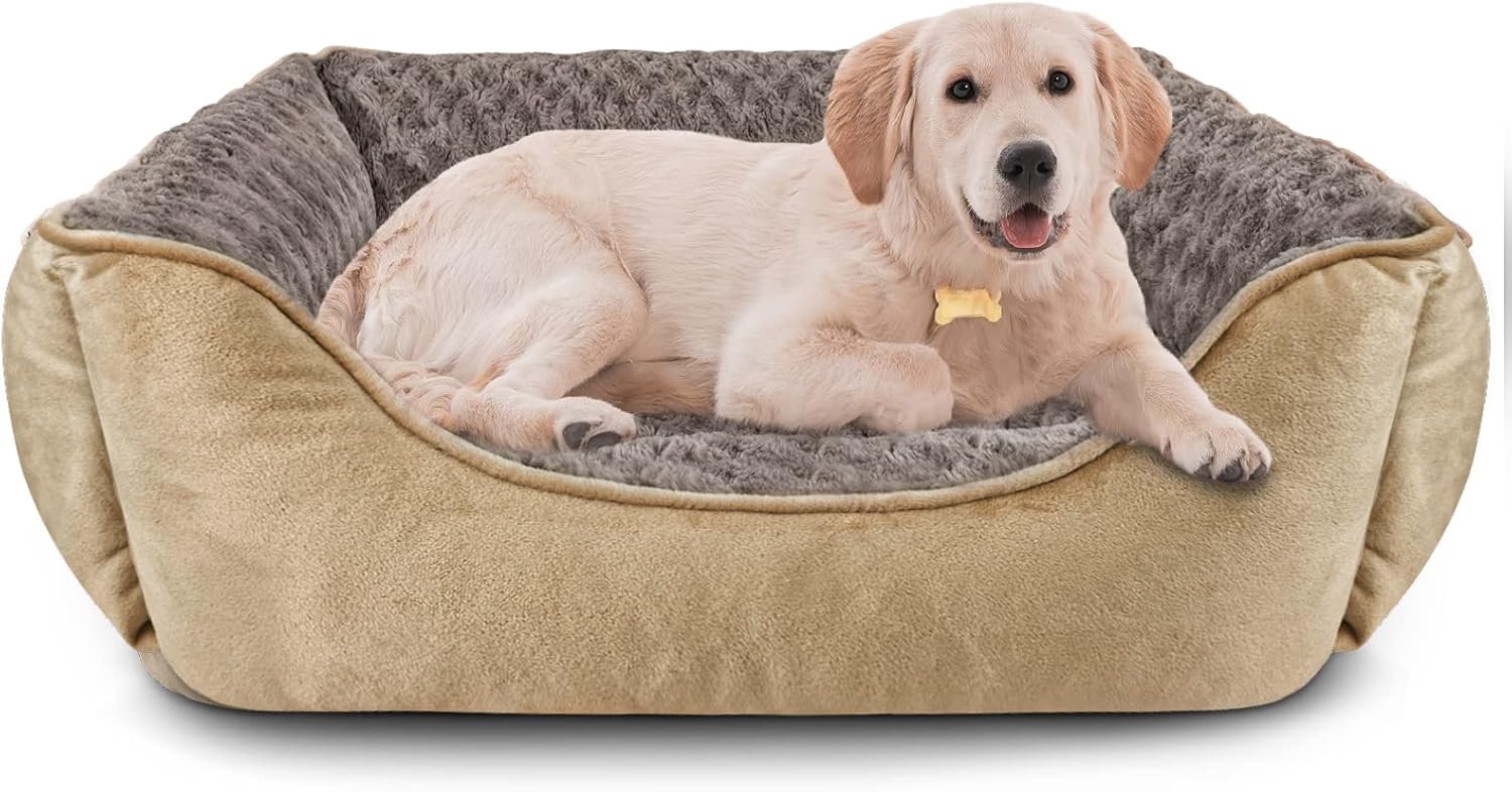 Detalle de JOEJOY Dog Bed Washable Large – Calming, Anti-Anxiety Plush Rectangular Mattress for Dogs (Beige)