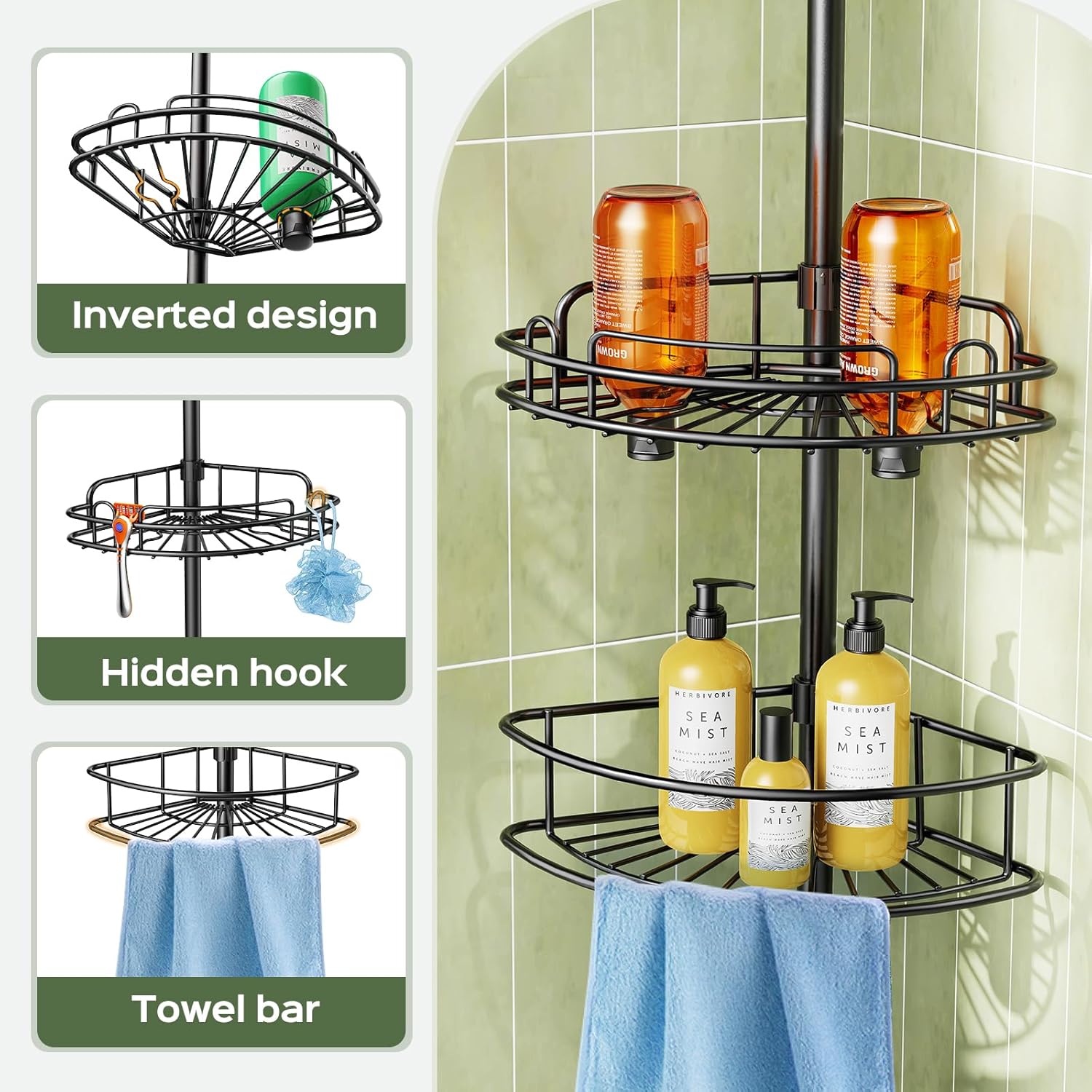 Thumbnail 4 de HAMITOR Telescopic Shower Caddy Corner Storage: No-Drill Stainless Steel 4-Tier Organizer