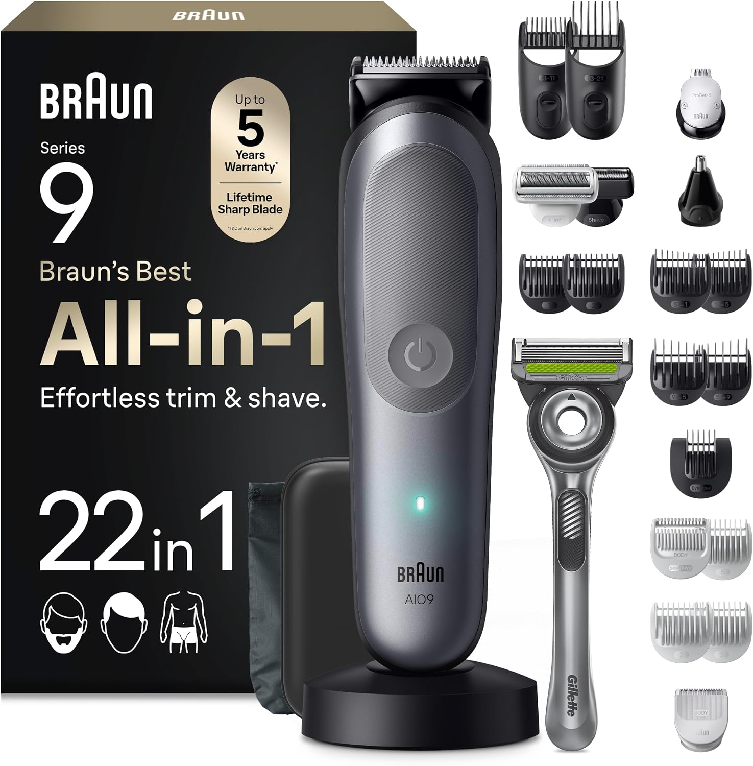 Detalle de Braun Series 9 All-in-One Grooming Kit for Men, 22-Piece (AIO9545) – Face, Hair & Body