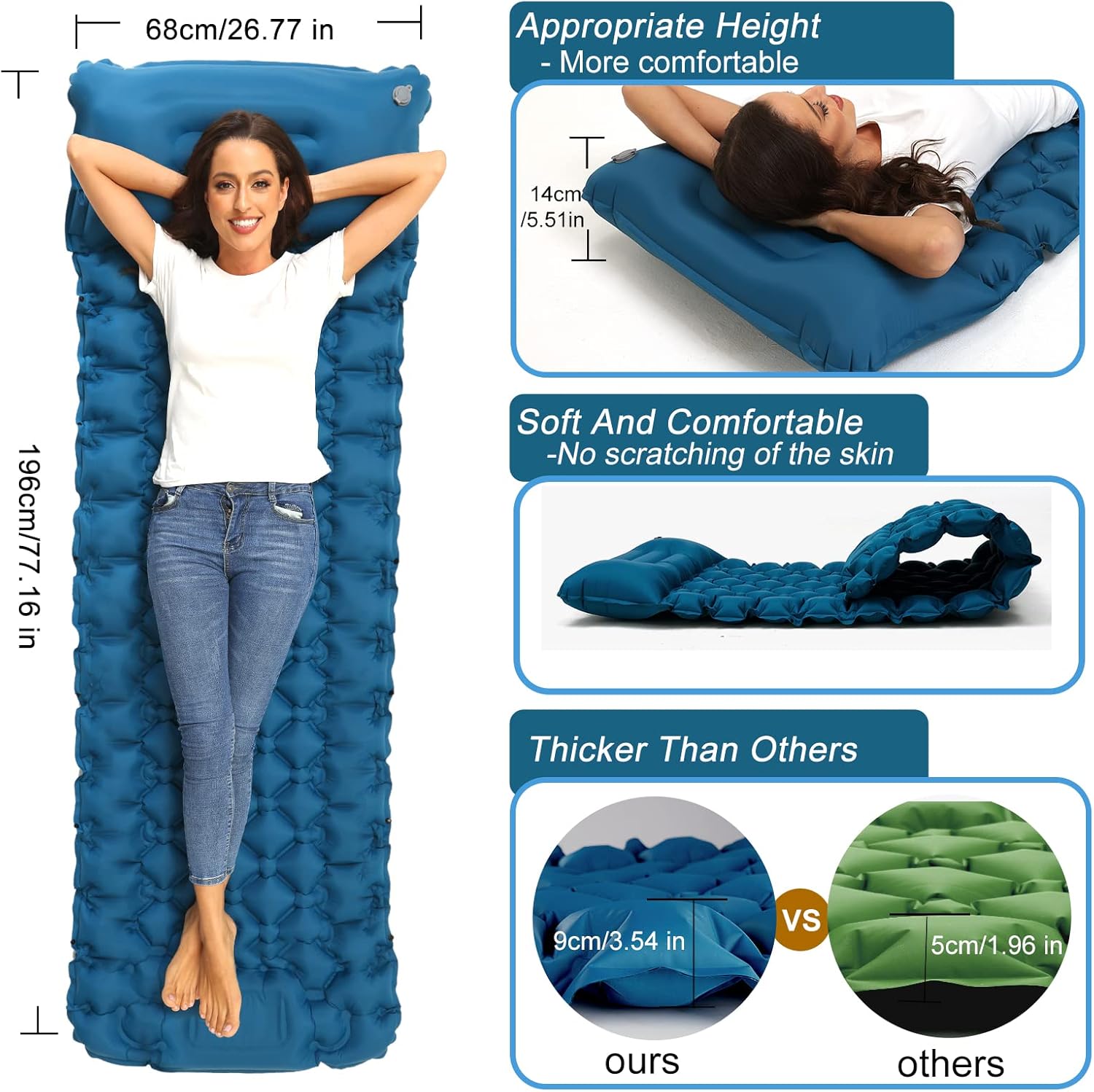 Detalle de NHOWIN Camping Mat: 9cm Thick Ultralight Inflatable Mattress with Built-in Foot Pump