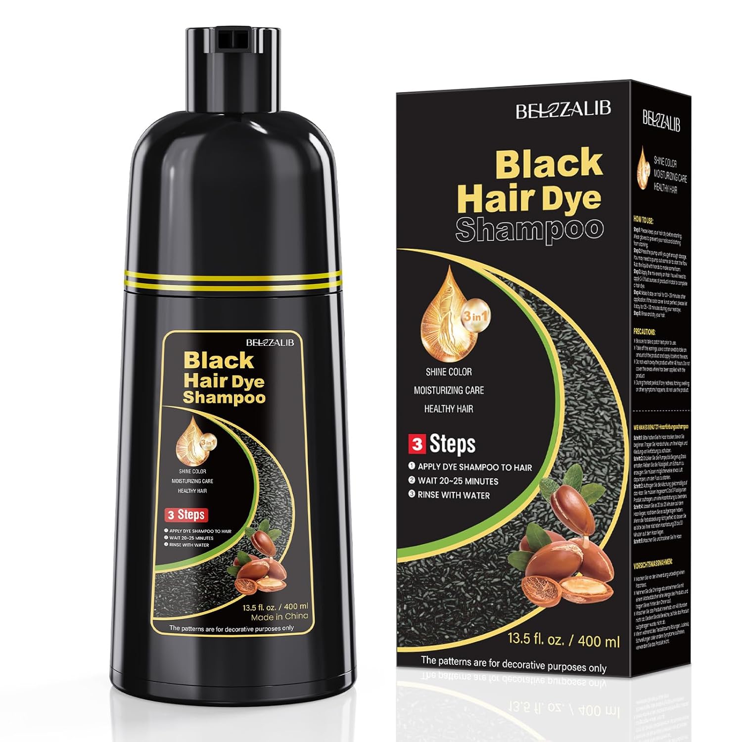 Detalle de BELEZALIB Black Hair Dye Shampoo, 3-in-1 Gray Coverage, 13.5 oz
