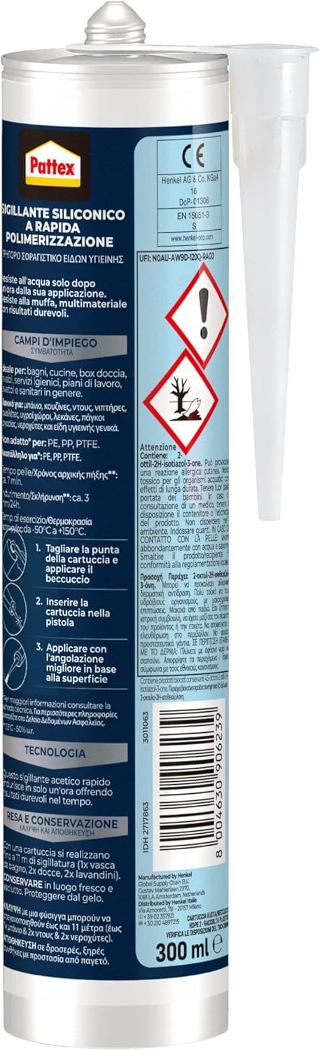 Thumbnail 1 de Pattex Bagni&Cucine Rapido Trasparente: sigillante silicone antimuffa, asciugatura rapida (300 ml)