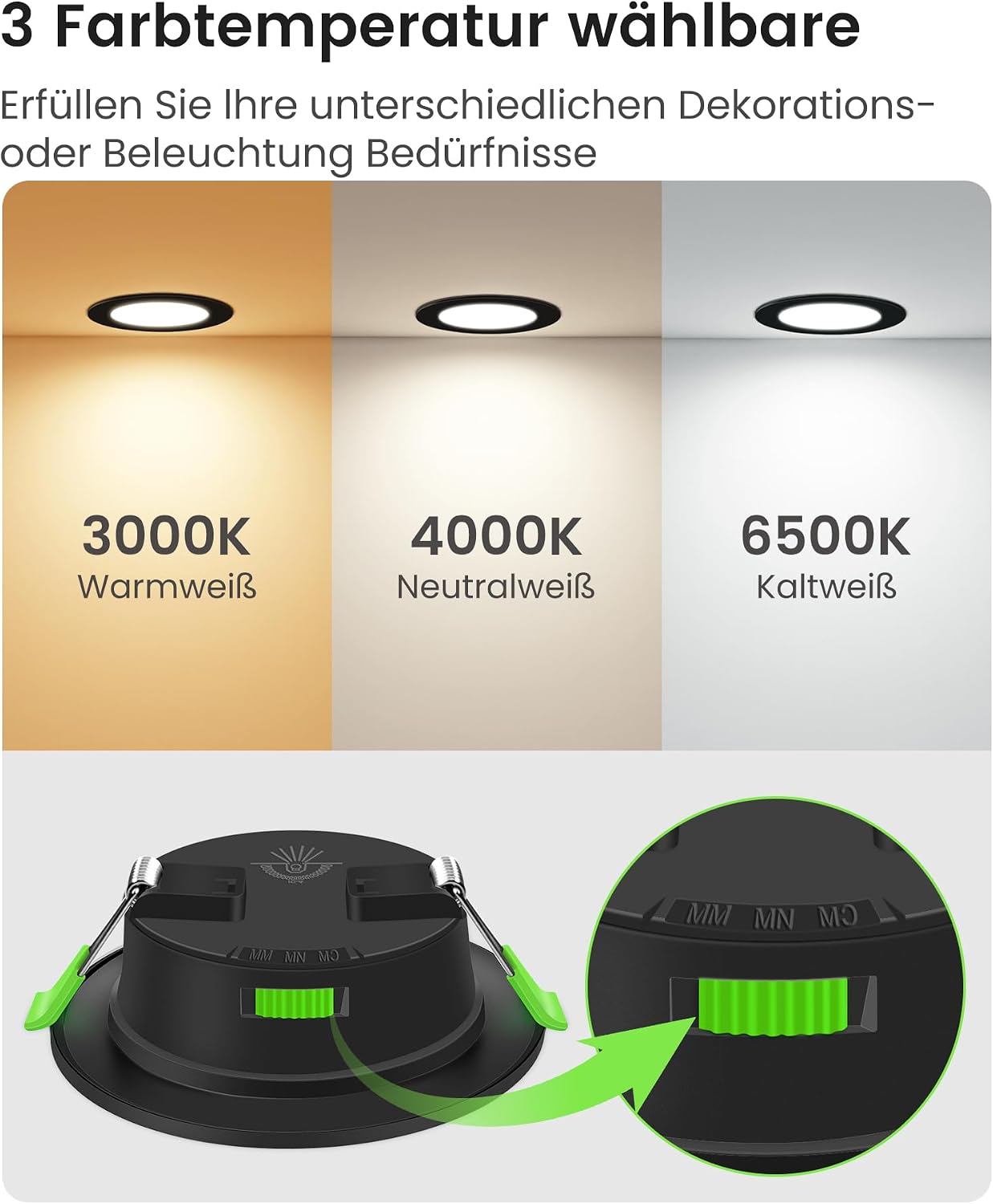 Detalle de ALUSSO LED Einbaustrahler 230V 4W Flach – 12er Set, dimmbar, IP44, 3 Farbtemperaturen